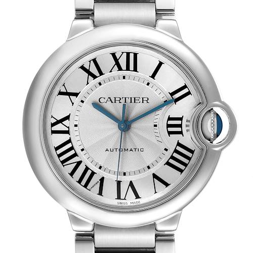 The Ballon Bleu de Cartier watch is shown from a front angle, highlighting its dial, Roman numerals, and signature crown.
