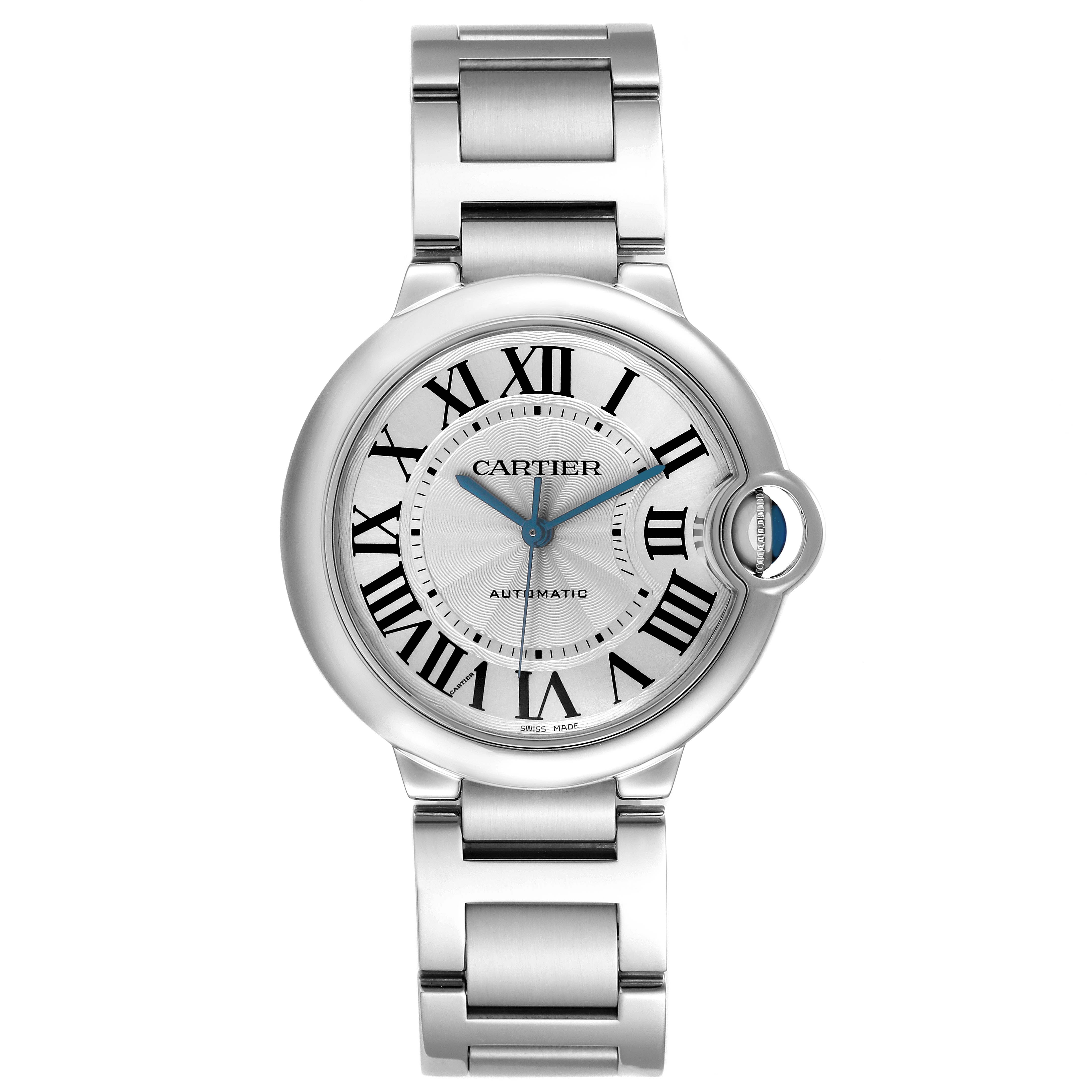 The Cartier Ballon Bleu W6920046 Women's Stainless Steel Silver Dial watch is shown from a top-down angle, displaying the face, Roman numerals, and metal bracelet.