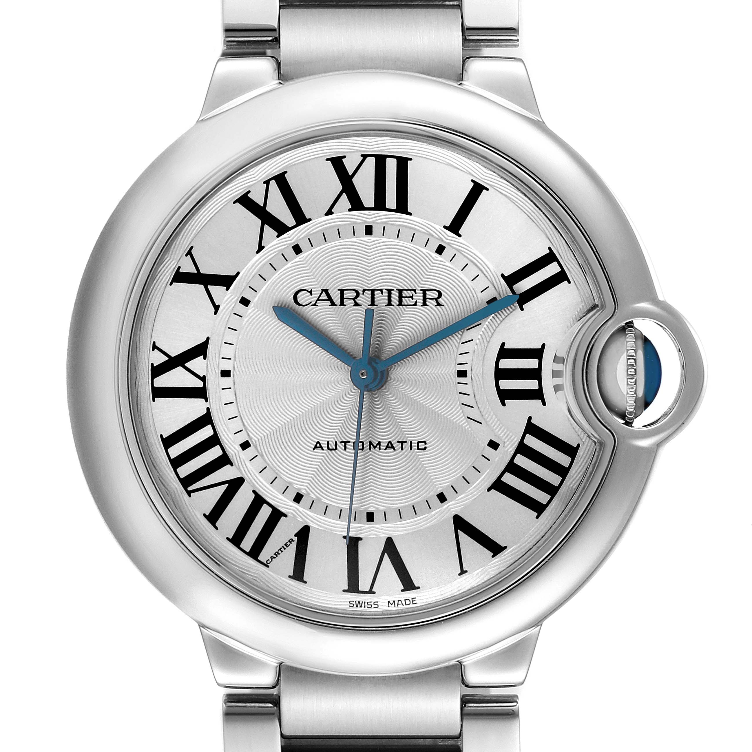 The Cartier Ballon Bleu W6920046 Women's Stainless Steel Silver Dial watch is shown from a front view, highlighting the dial, Roman numerals, and crown detail.