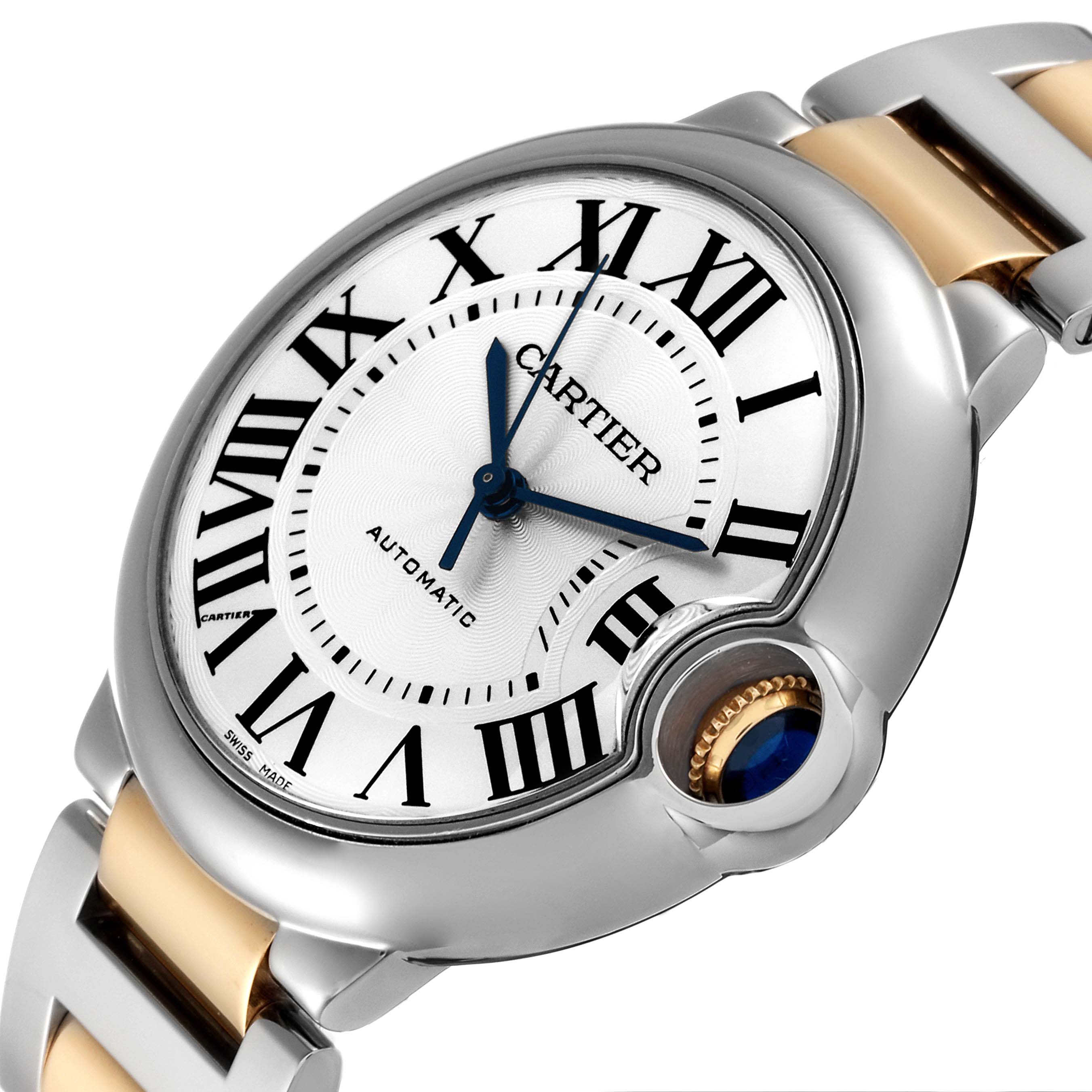 The image shows a close-up of the Cartier Ballon Bleu W2BB0012 Men
s Steel and Gold (two tone) Silver Dial W2BB0012 Men
s Steel and Gold (two tone) Silver Dial watch face and part of the bracelet, showcasing Roman numerals and the crown with a blue cabochon.