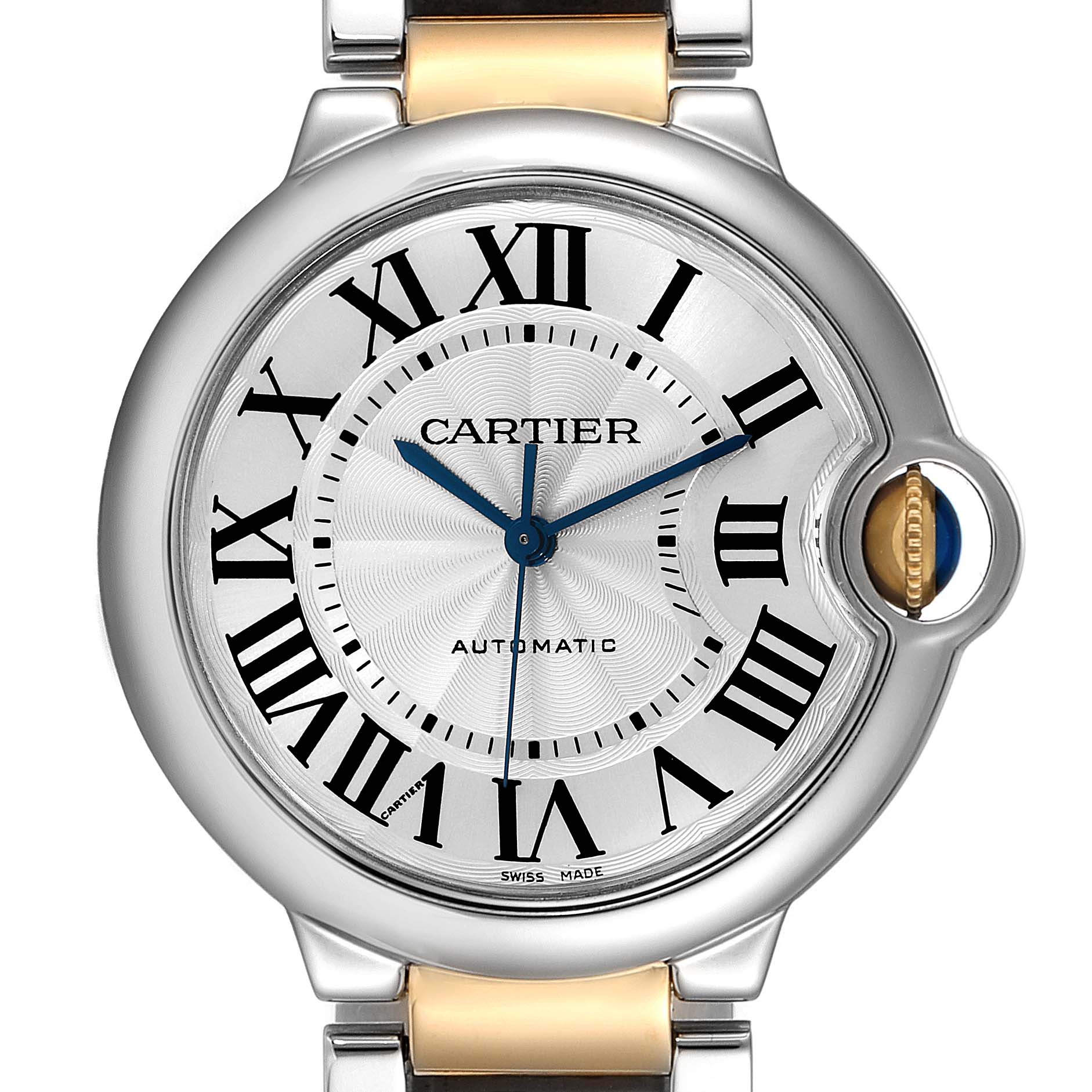 The image shows a close-up of the face of a Ballon Bleu de Cartier watch, displaying Roman numerals and the brand
s signature blue hands.