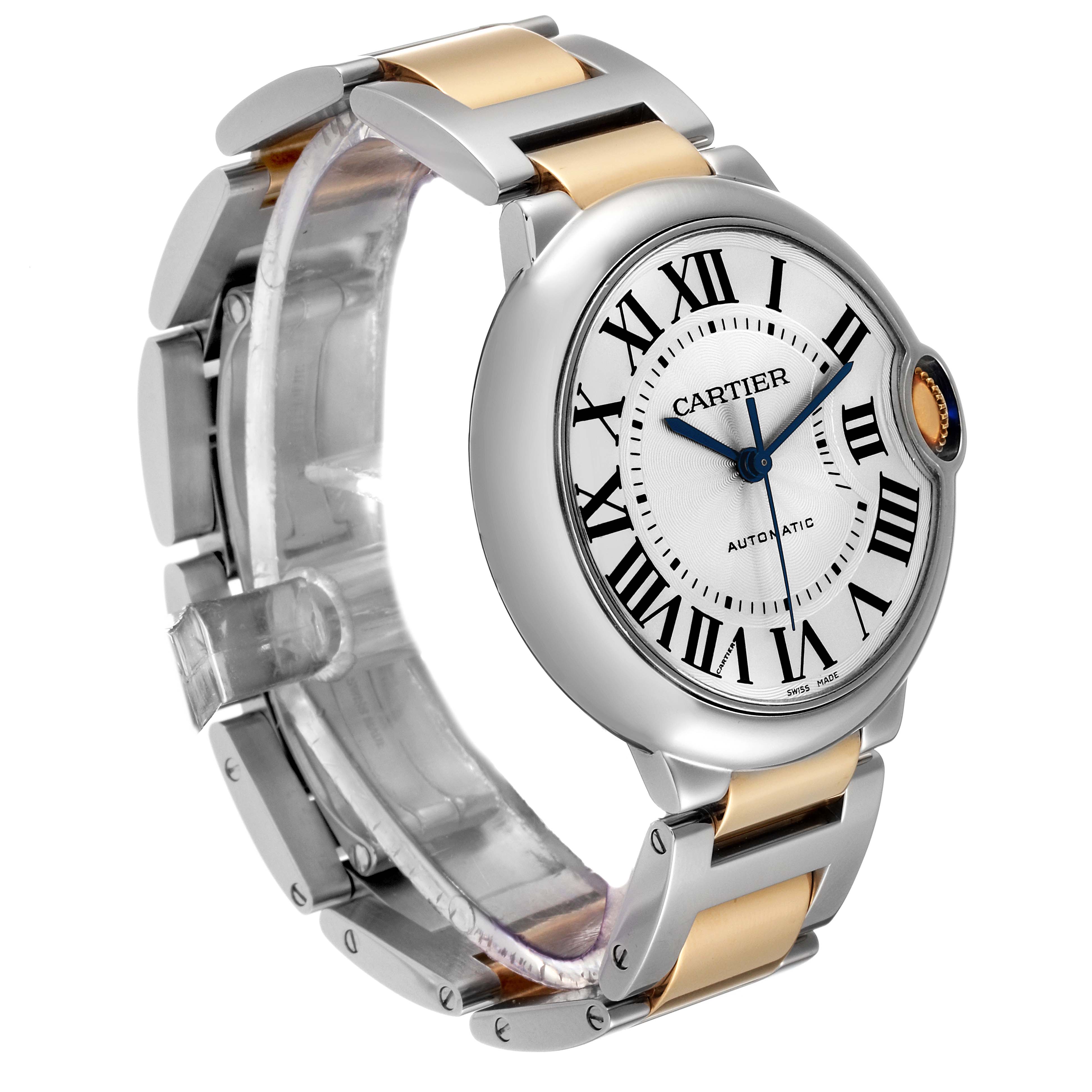 The image shows a Cartier Ballon Bleu W2BB0012 Men
s Steel and Gold (two tone) Silver Dial W2BB0012 Men
s Steel and Gold (two tone) Silver Dial watch from a slight angle, highlighting the face, Roman numerals, and two-tone bracelet.