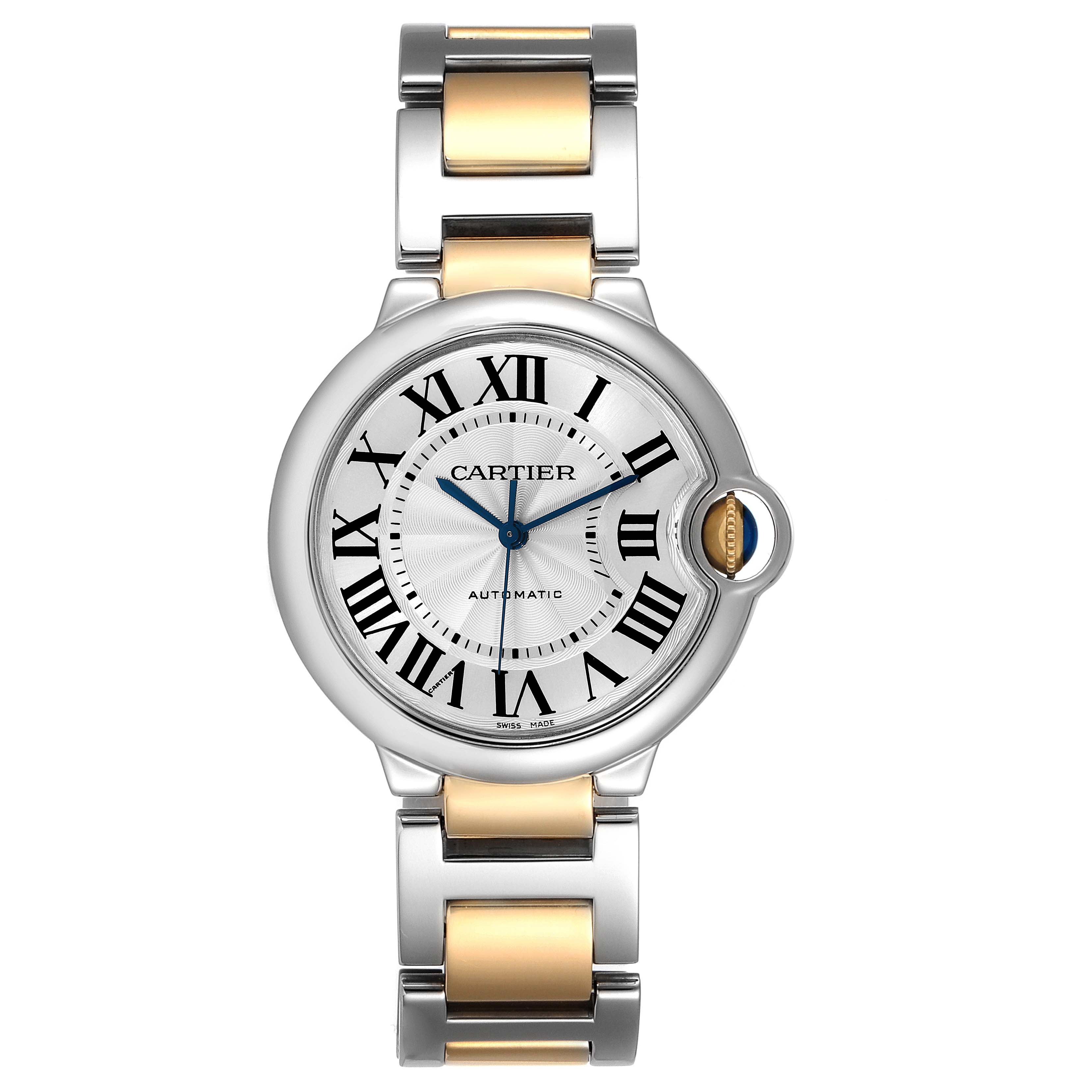 The image shows a front view of a Cartier Ballon Bleu W2BB0012 Men
s Steel and Gold (two tone) Silver Dial W2BB0012 Men
s Steel and Gold (two tone) Silver Dial watch with a silver and gold bracelet.