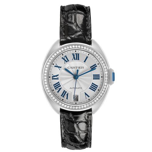 The Cartier Clé watch is shown from the front, displaying its face, strap, and crown.