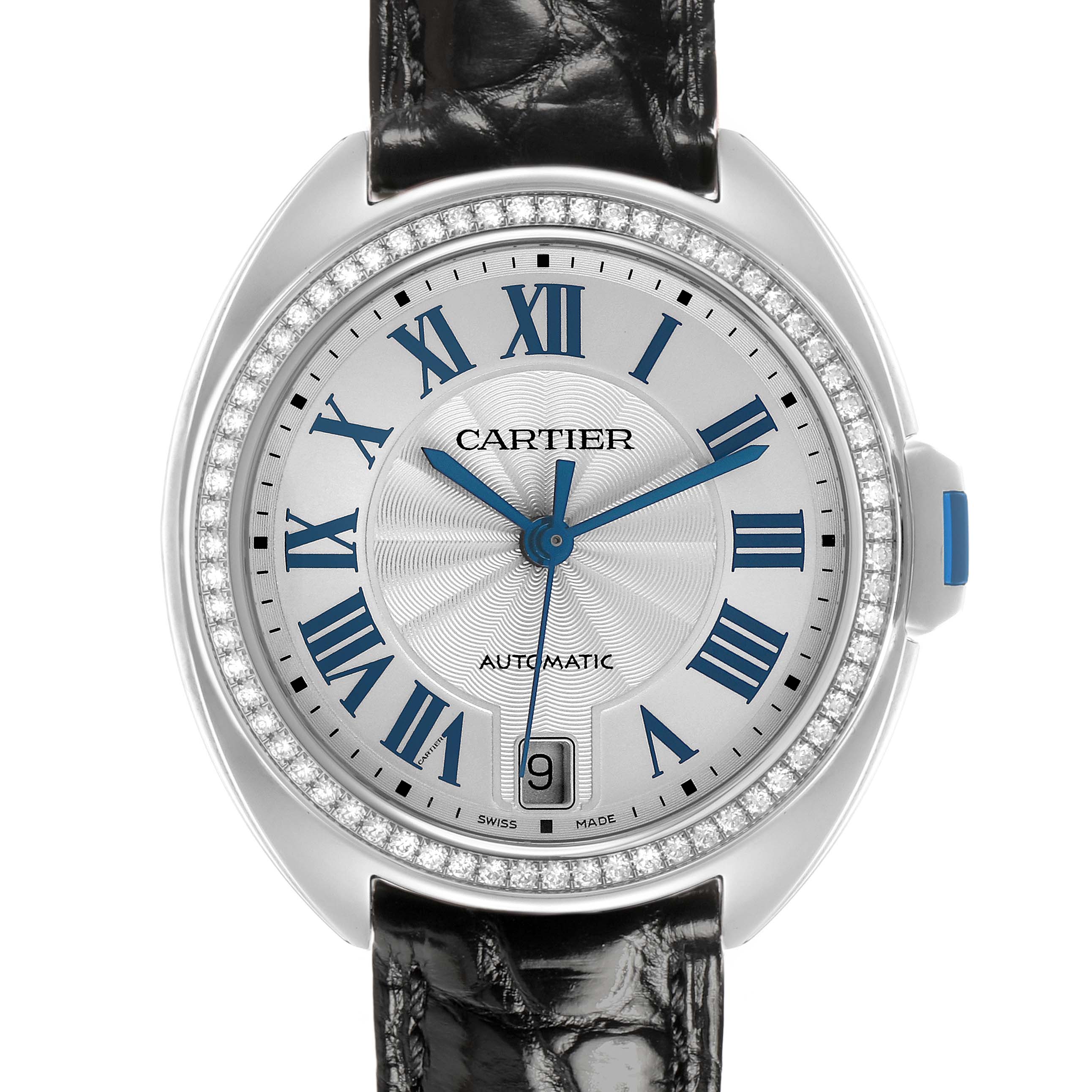 The Cartier Clé watch is shown from the front, displaying the face, bezel, crown, and part of the strap.