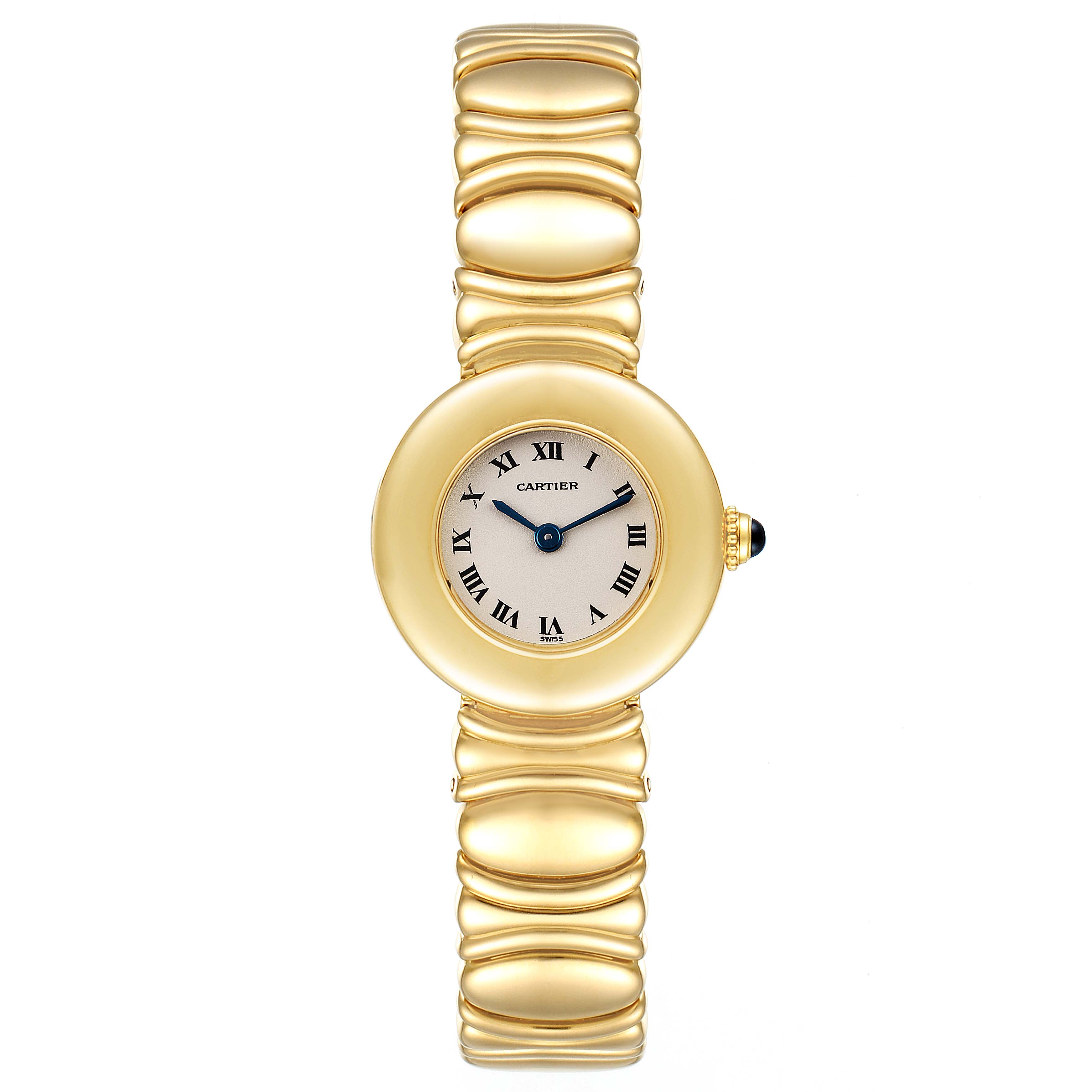 The Cartier Colisee Women's Yellow Gold Silver Dial Women's Yellow Gold Silver Dial watch is shown from a top-down angle, displaying its face and full gold band.