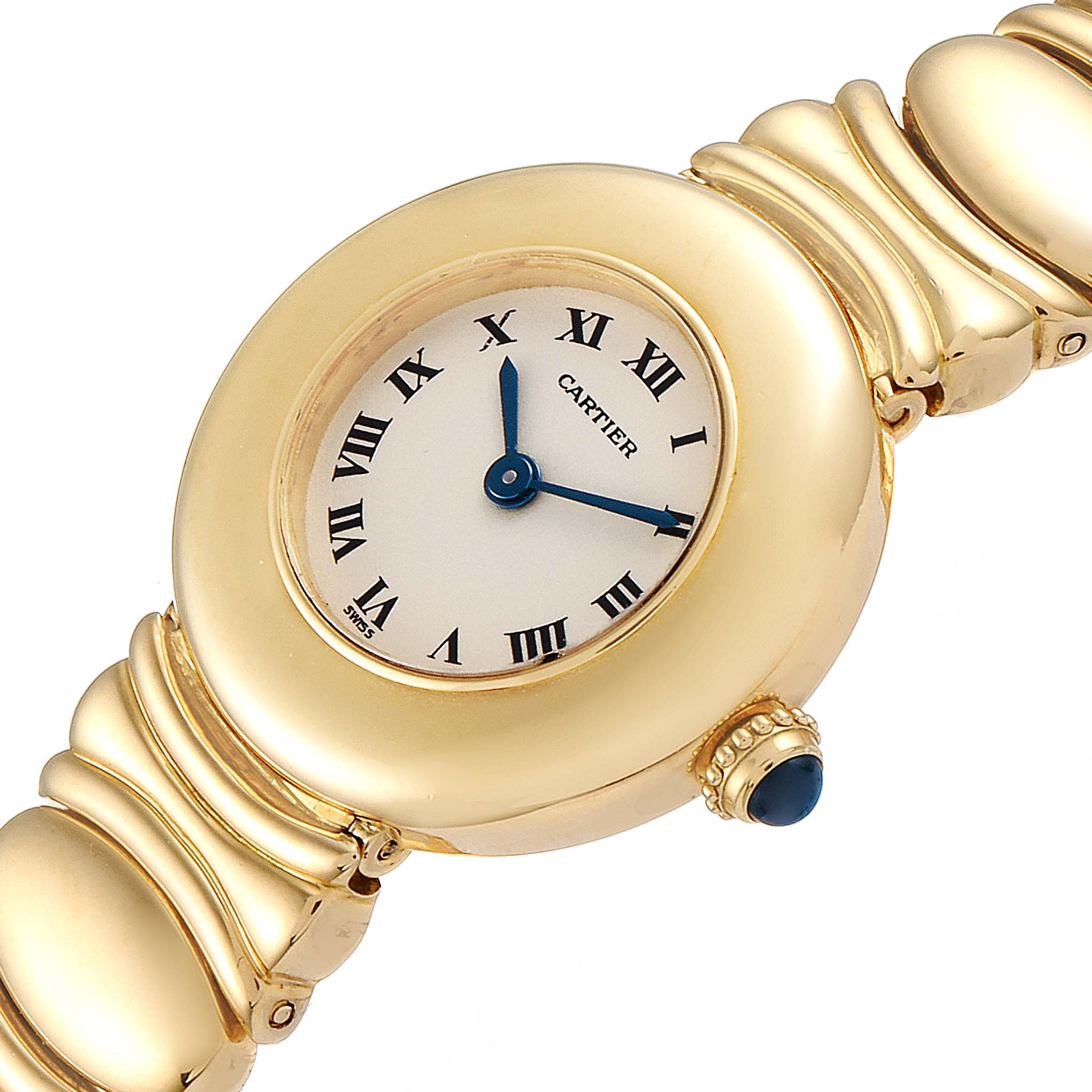 The image shows a close-up angle of the Cartier Colisee Women's Yellow Gold Silver Dial Women's Yellow Gold Silver Dial model watch's dial, bezel, and part of its bracelet.