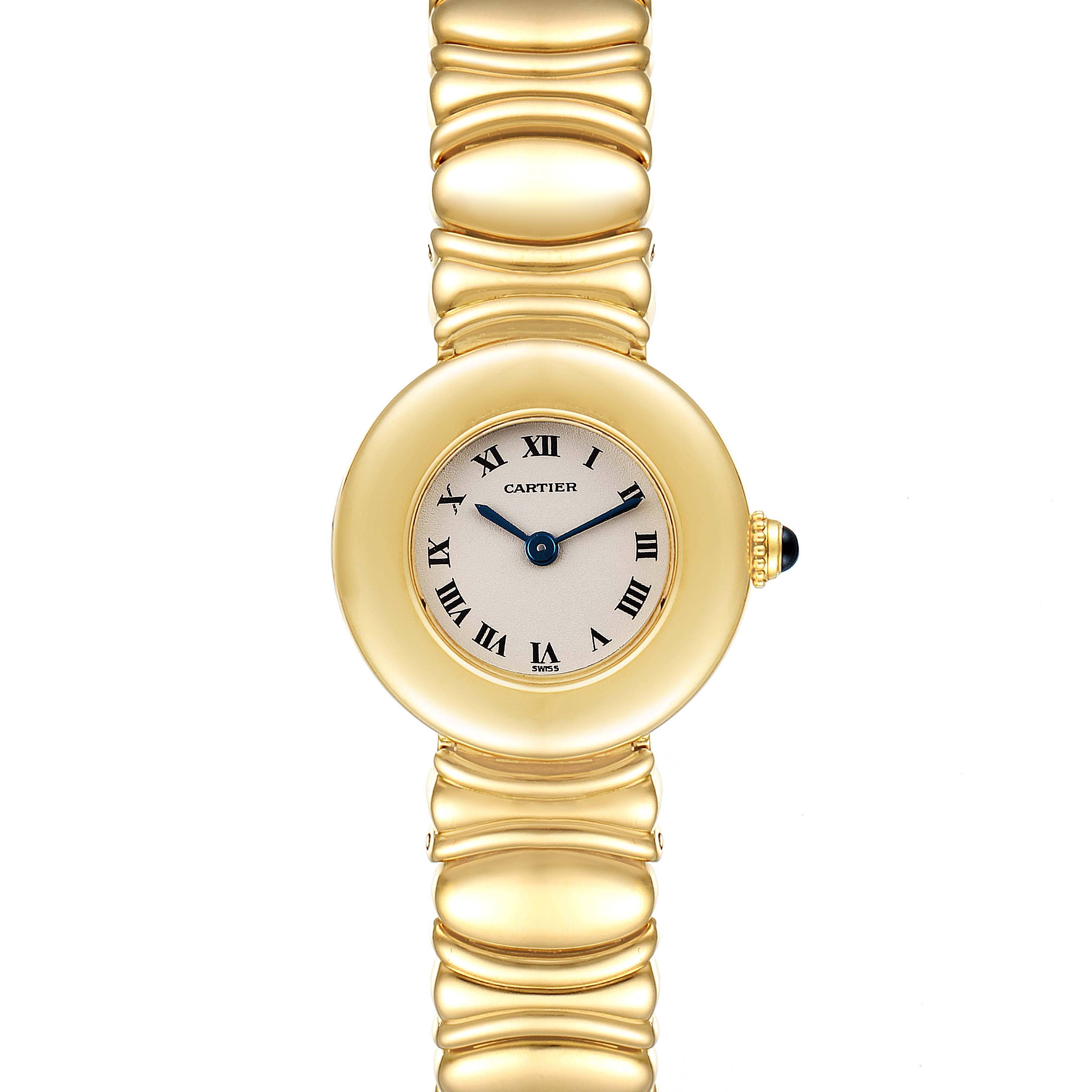 The image shows a top-down view of a Cartier Colisee Women's Yellow Gold Silver Dial Women's Yellow Gold Silver Dial watch featuring its round face and gold bracelet.