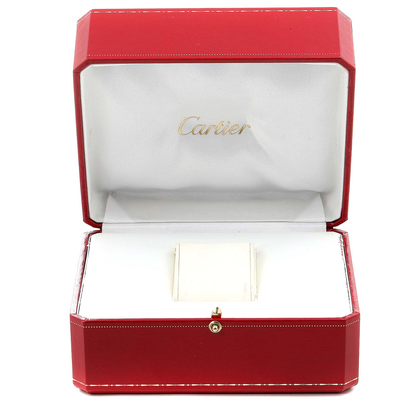 The image shows an open red Cartier box with cushioning inside for the Colisee model watch.