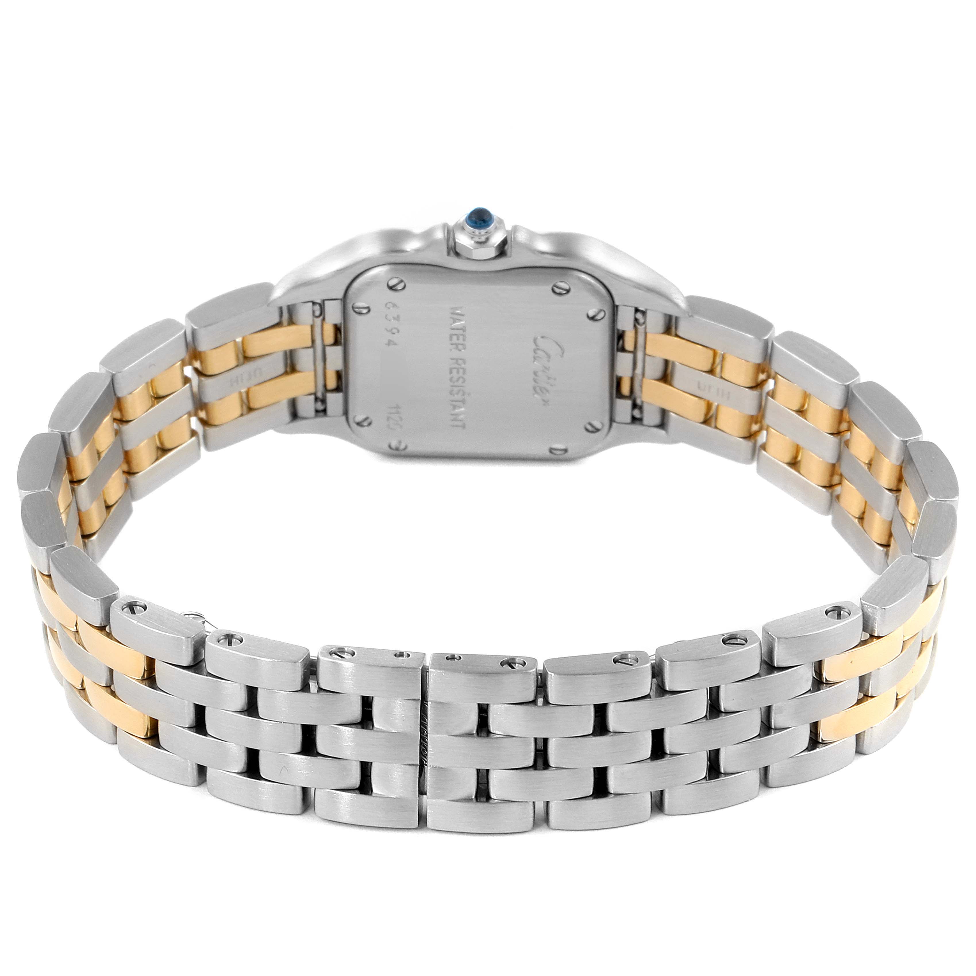 The image shows the back view of the Panthere model by Cartier, highlighting the two-tone bracelet and case back.