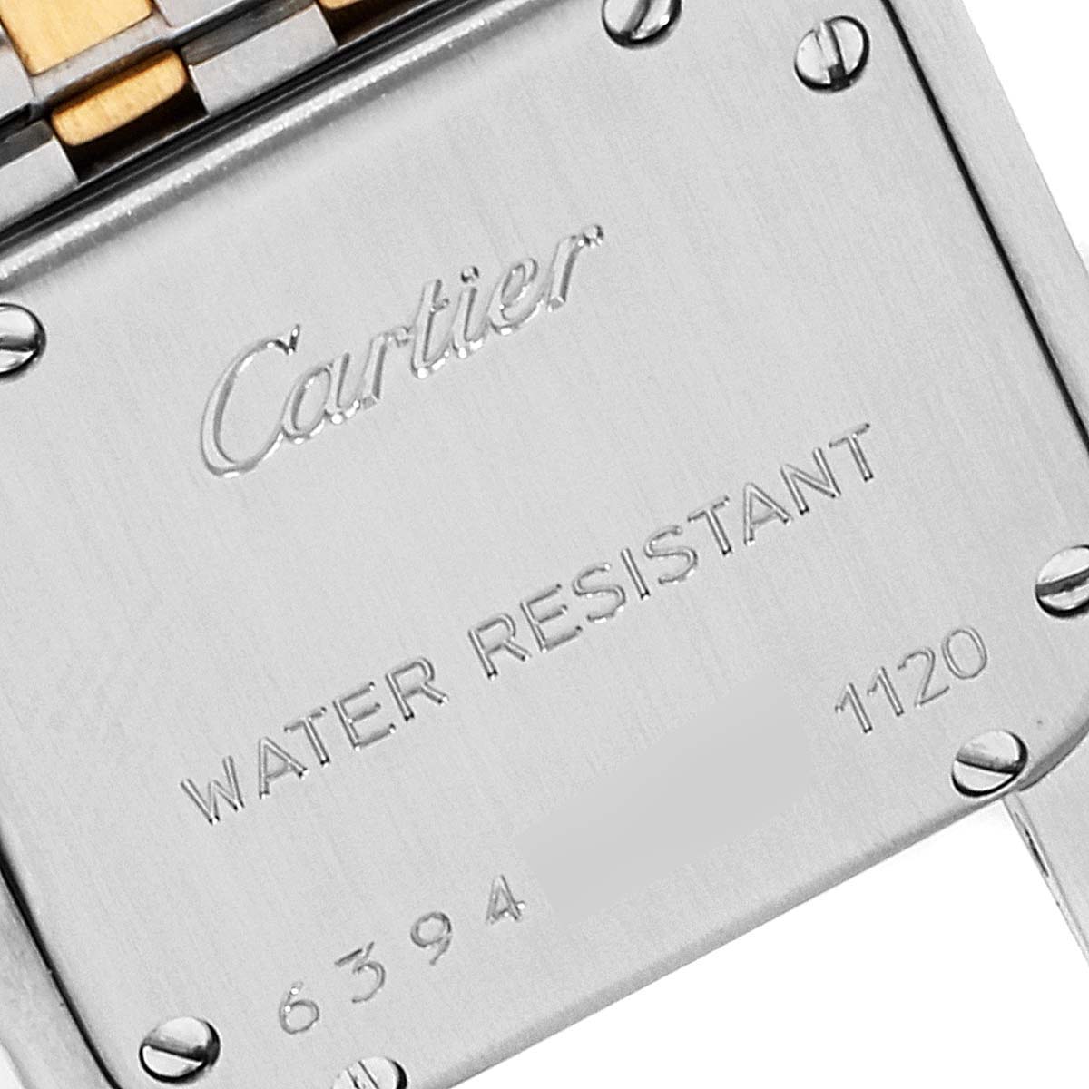 The image shows the back case of a Cartier Panthere W25029B6 Women's Steel and Gold (two tone) Silver Dial W25029B6 Women's Steel and Gold (two tone) Silver Dial watch, highlighting the brand name, water resistance, and model numbers.