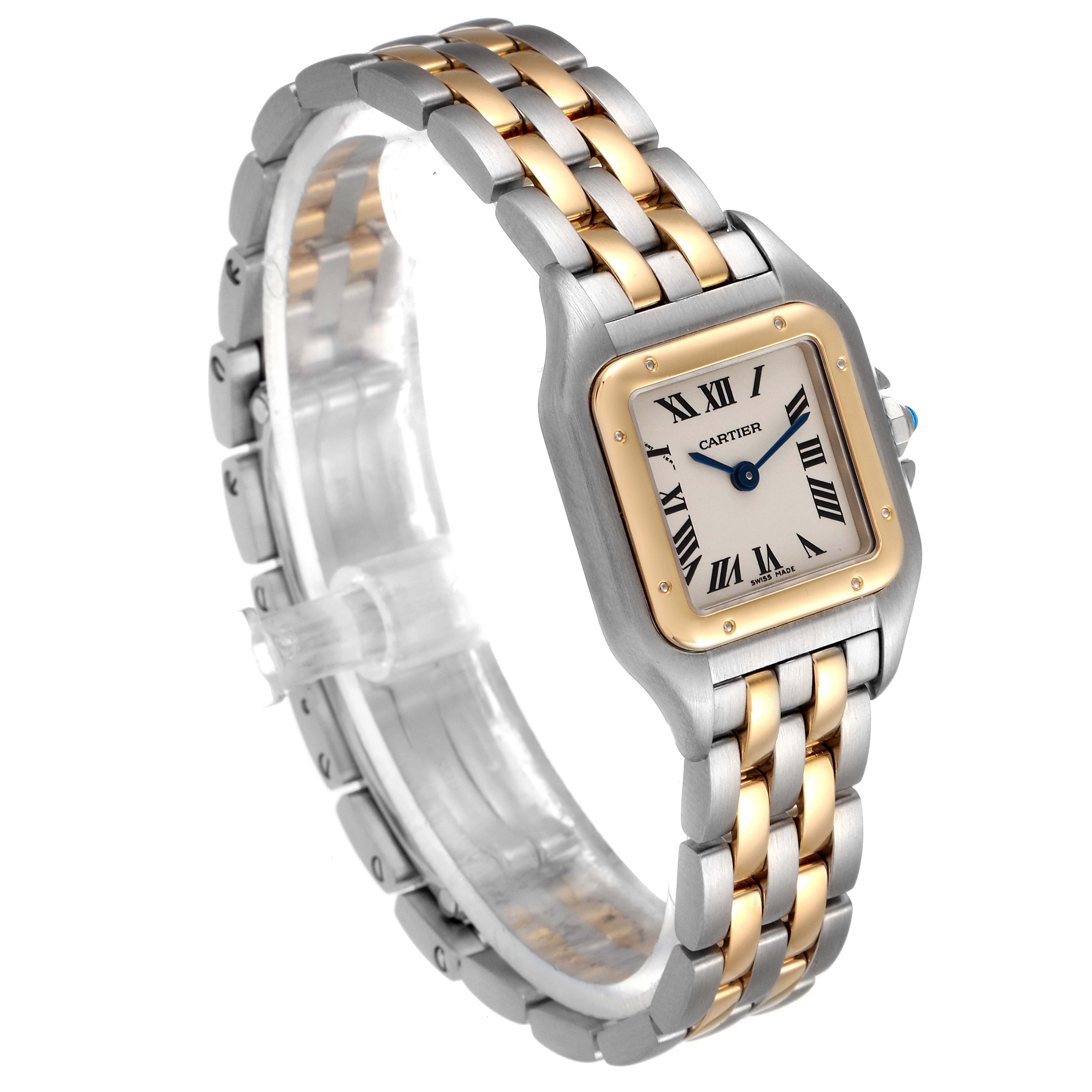 The image shows a Cartier Panthere W25029B6 Women's Steel and Gold (two tone) Silver Dial W25029B6 Women's Steel and Gold (two tone) Silver Dial watch at a slight left side angle, highlighting its two-tone bracelet and square face.