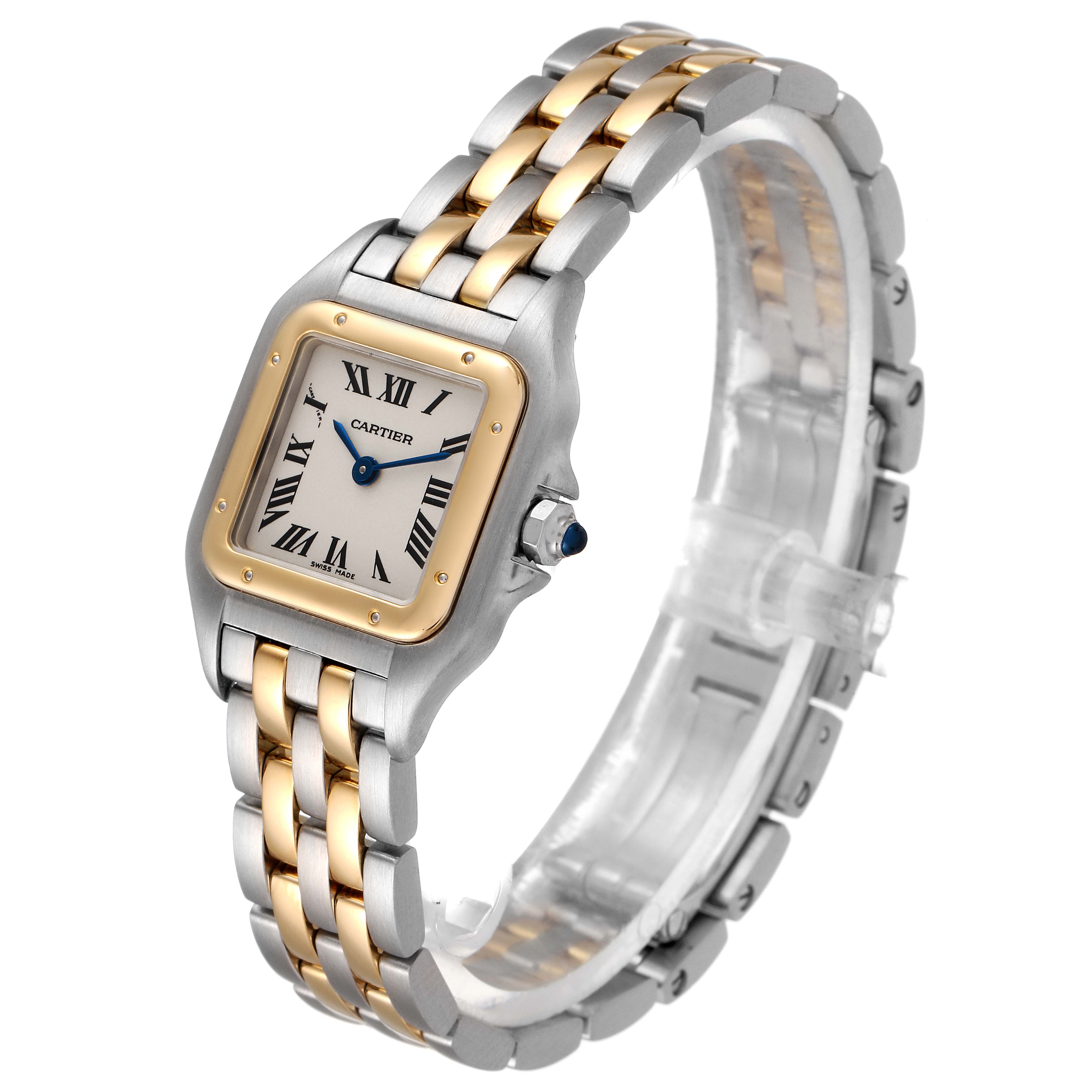 The image shows a Cartier Panthere W25029B6 Women's Steel and Gold (two tone) Silver Dial W25029B6 Women's Steel and Gold (two tone) Silver Dial watch at a slight angle, displaying its two-tone bracelet and square face with Roman numerals.