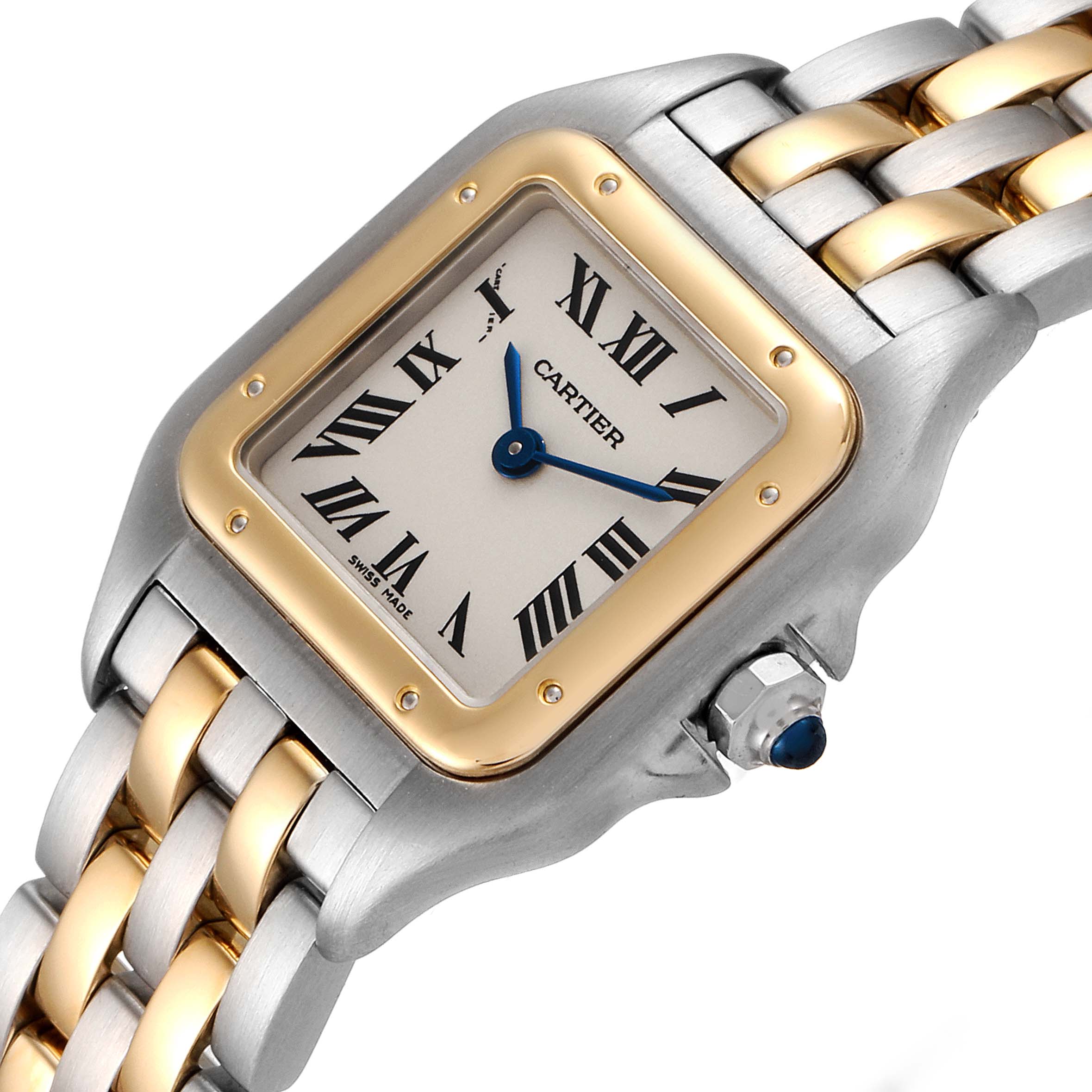 The image shows a close-up of the Cartier Panthere W25029B6 Women's Steel and Gold (two tone) Silver Dial W25029B6 Women's Steel and Gold (two tone) Silver Dial watch face and part of the two-tone metal bracelet.