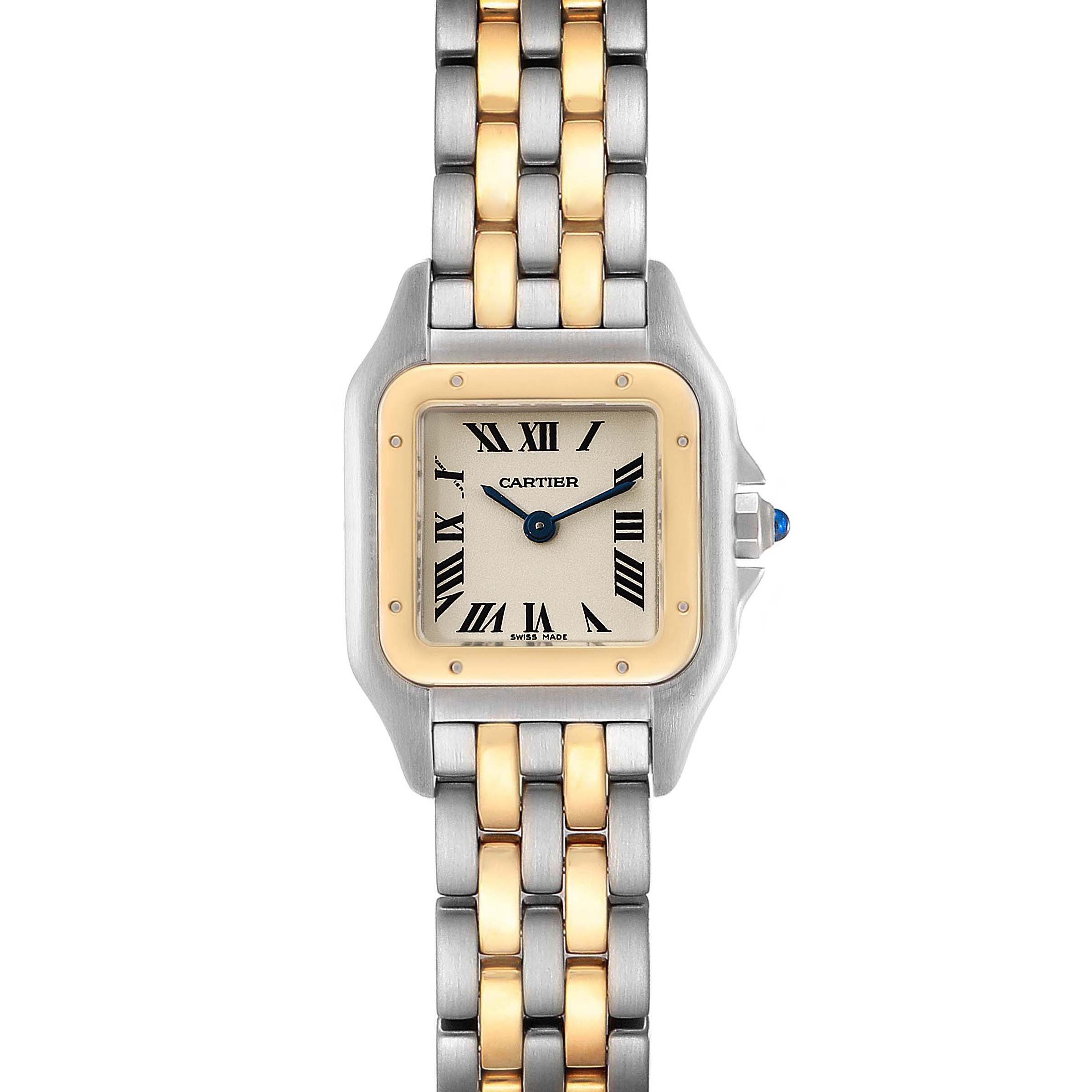 The image shows a front view of the Cartier Panthere W25029B6 Women's Steel and Gold (two tone) Silver Dial W25029B6 Women's Steel and Gold (two tone) Silver Dial watch, displaying the face, bezel, and part of the metal band.