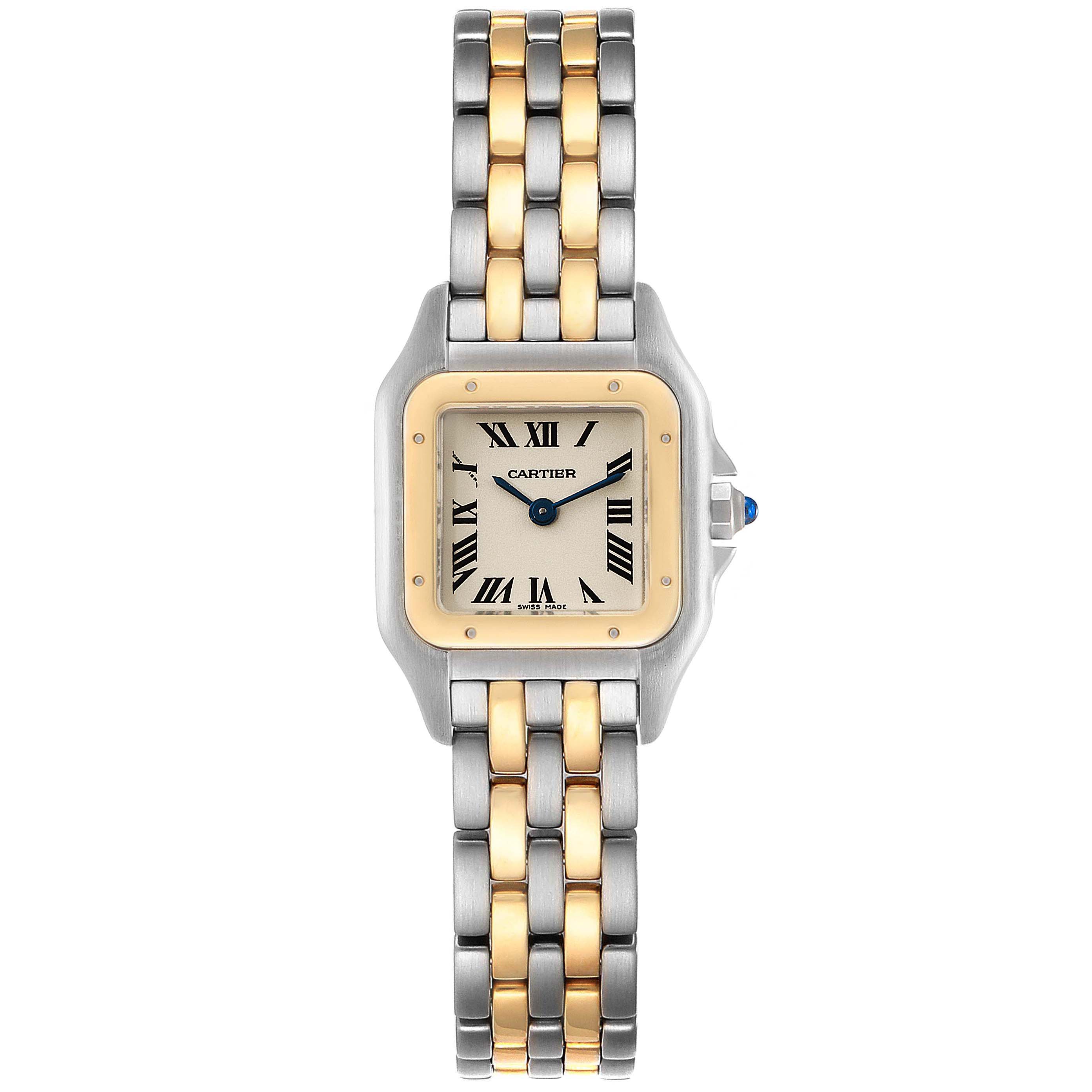 The image shows a front view of the Cartier Panthere W25029B6 Women's Steel and Gold (two tone) Silver Dial W25029B6 Women's Steel and Gold (two tone) Silver Dial model watch, displaying its face, bezel, and two-tone bracelet.