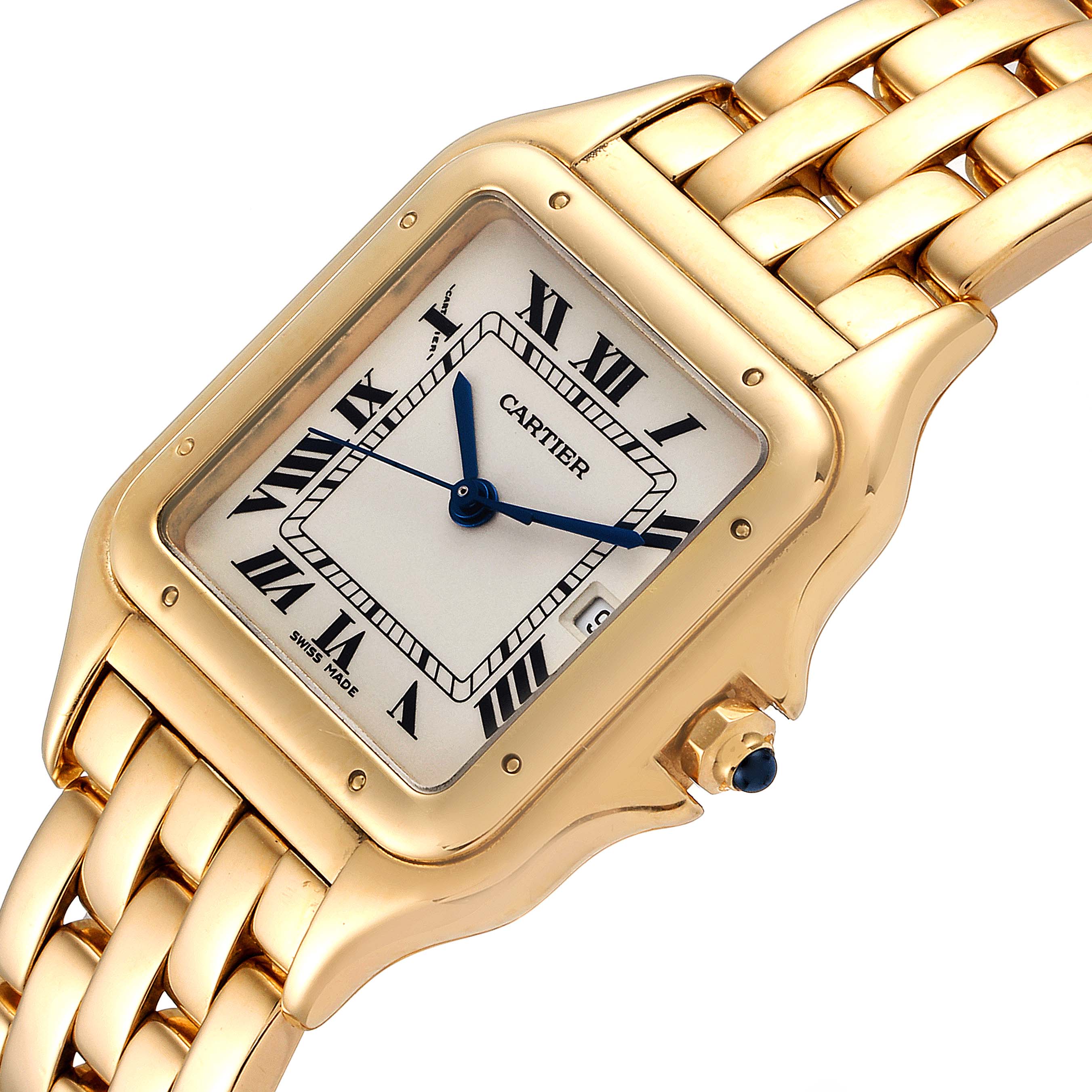 The Cartier Panthere W25014B9 Women's Yellow Gold Silver Dial W25014B9 Women's Yellow Gold Silver Dial watch is shown at an angled view displaying its gold case, bracelet, and white dial with Roman numerals.