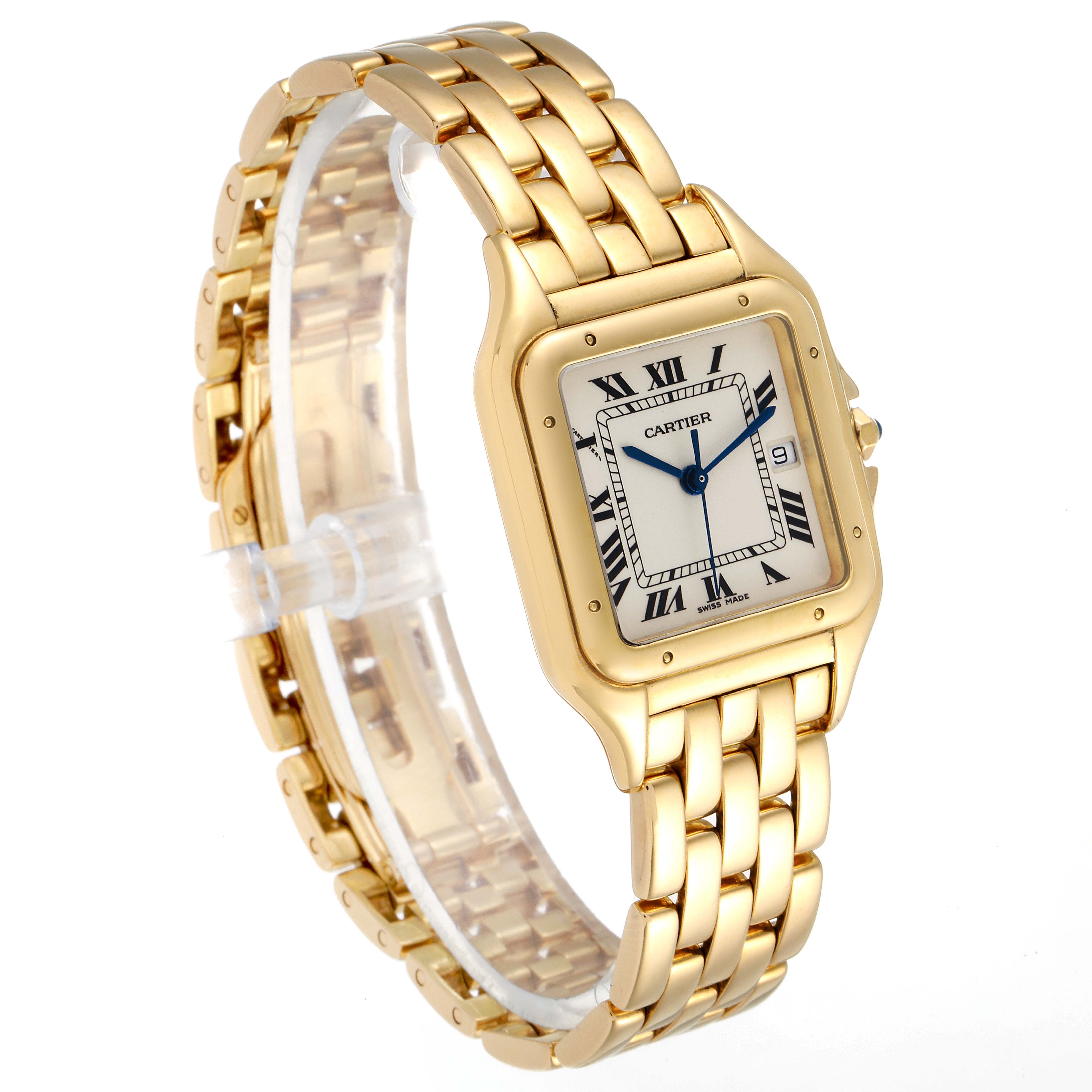 The image showcases a Cartier Panthere W25014B9 Women's Yellow Gold Silver Dial W25014B9 Women's Yellow Gold Silver Dial watch from an angled side view, highlighting the gold bracelet and square face with Roman numerals.
