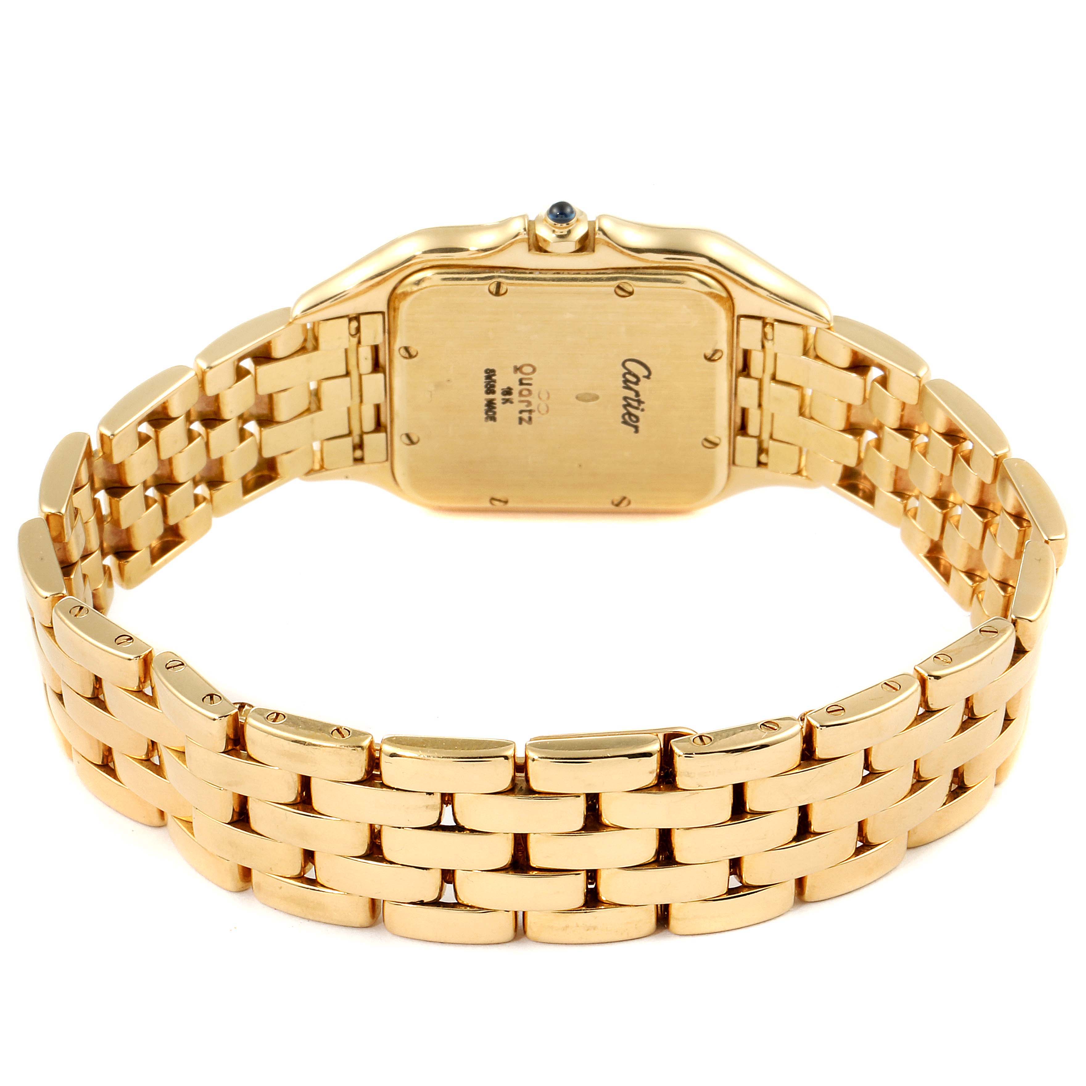 The image shows the back view of a Cartier Panthere W25014B9 Women's Yellow Gold Silver Dial W25014B9 Women's Yellow Gold Silver Dial watch, focusing on its gold bracelet and case back.