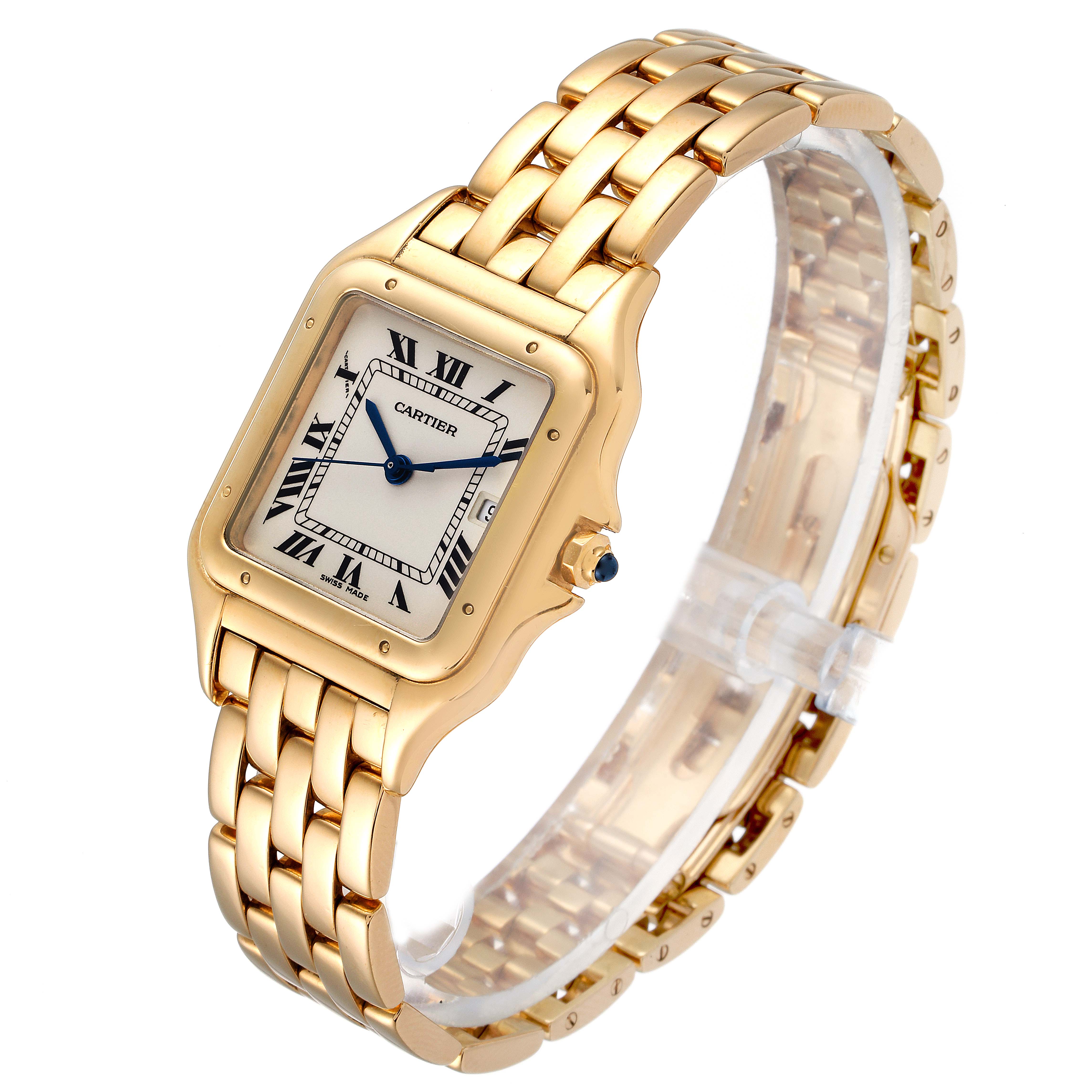 The image showcases a Panthère de Cartier watch, angled to display the face and gold bracelet.