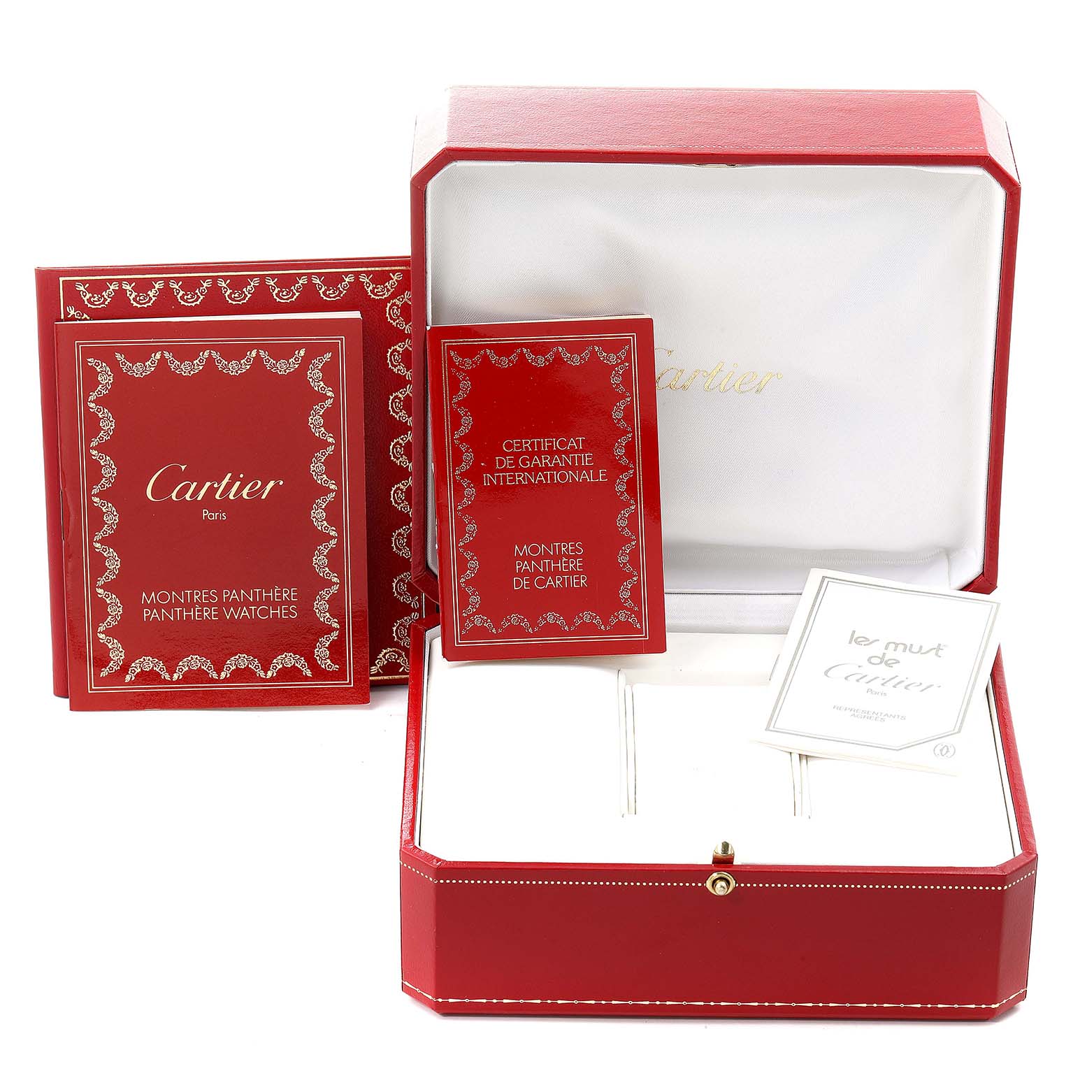 The image shows the Cartier Panthere W25014B9 Women's Yellow Gold Silver Dial W25014B9 Women's Yellow Gold Silver Dial model's packaging, warranty card, user manual, and red watch box.