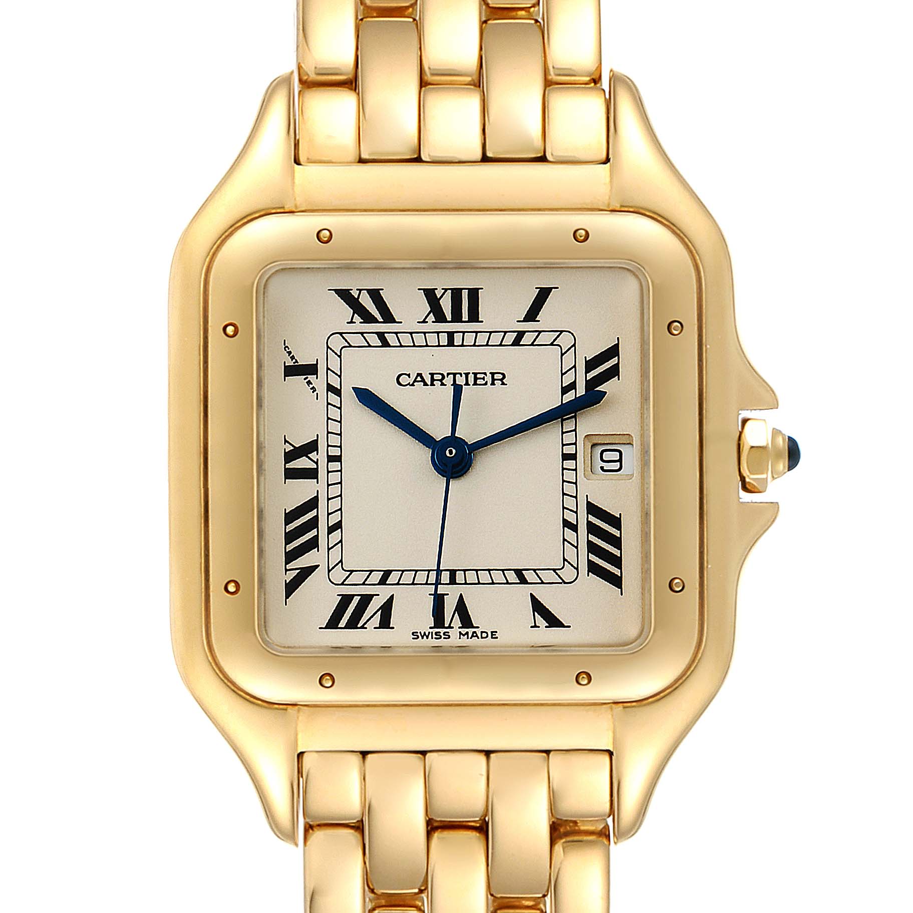 The image shows a frontal close-up of the dial and part of the bracelet of a Cartier Panthere W25014B9 Women's Yellow Gold Silver Dial W25014B9 Women's Yellow Gold Silver Dial watch.
