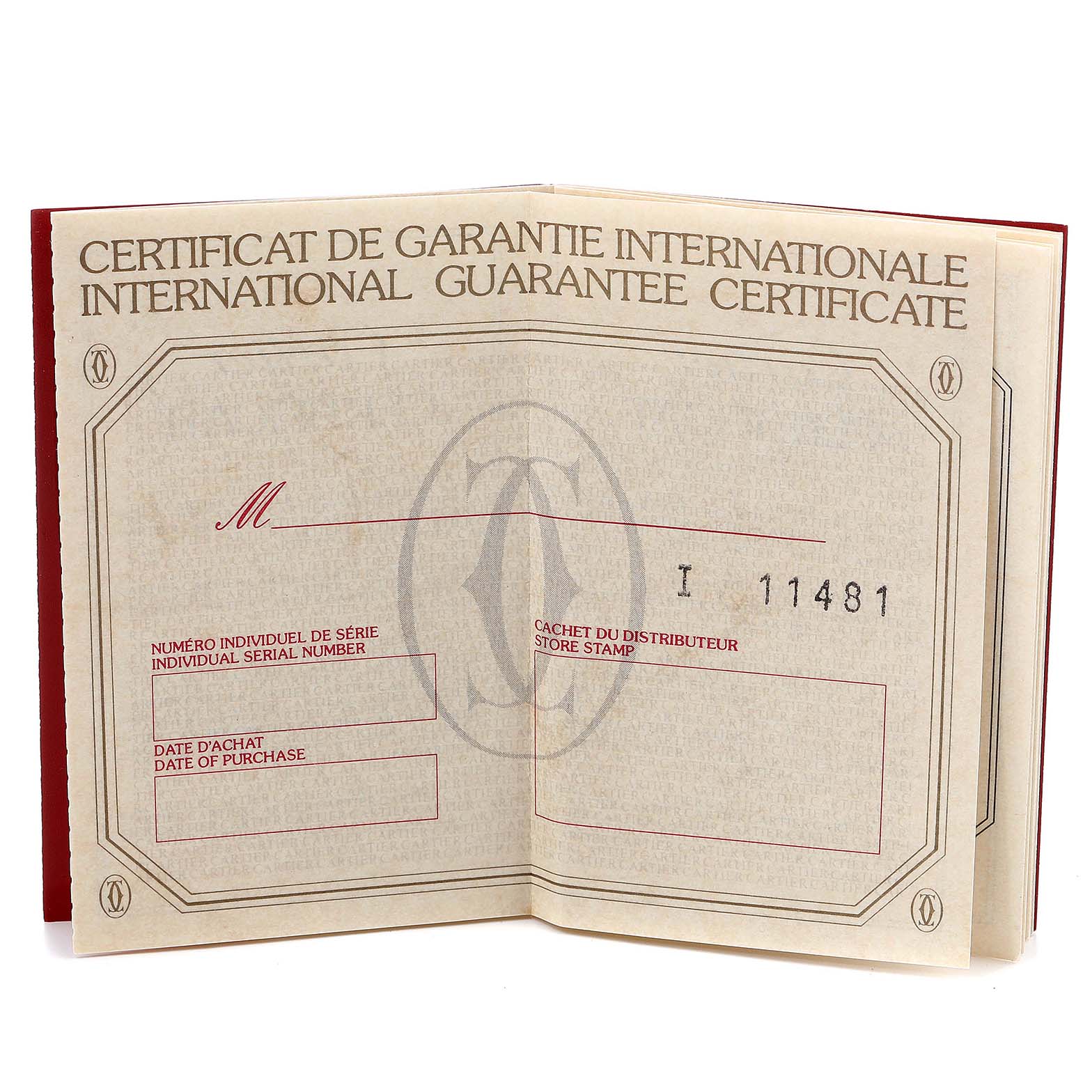 The image shows the international guarantee certificate for the Cartier Panthere W25014B9 Women's Yellow Gold Silver Dial W25014B9 Women's Yellow Gold Silver Dial watch.
