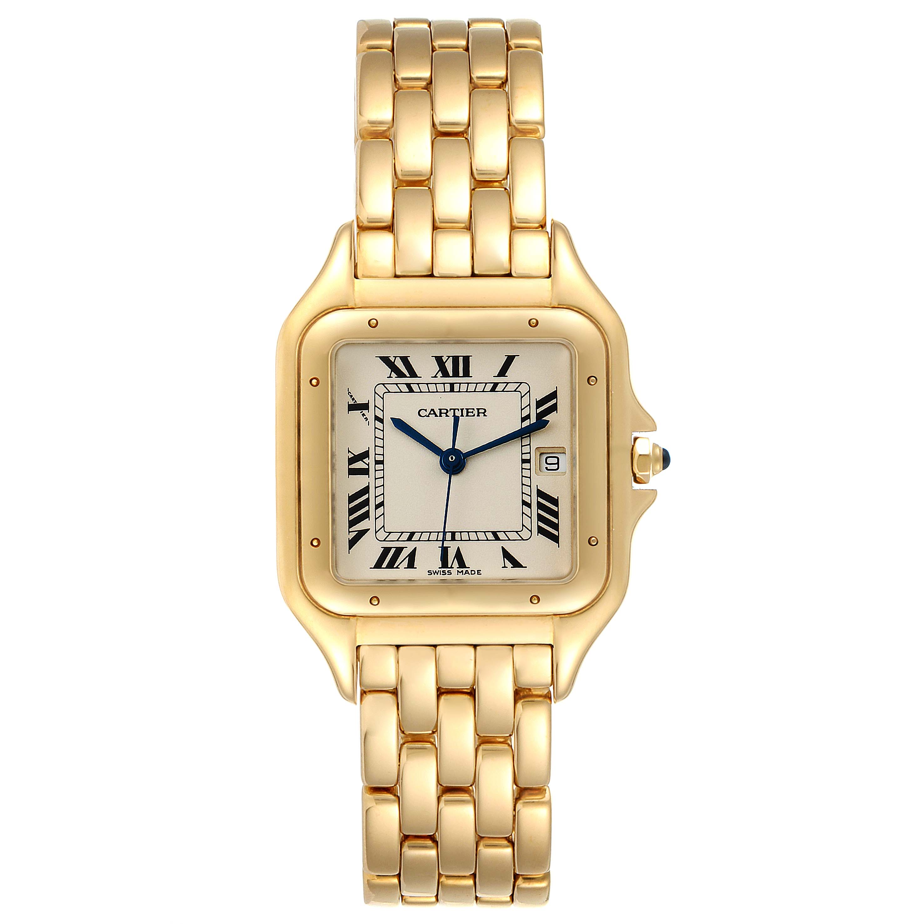 The image shows a front view of the Cartier Panthere W25014B9 Women's Yellow Gold Silver Dial W25014B9 Women's Yellow Gold Silver Dial watch, highlighting its gold case, Roman numeral dial, and metal bracelet.