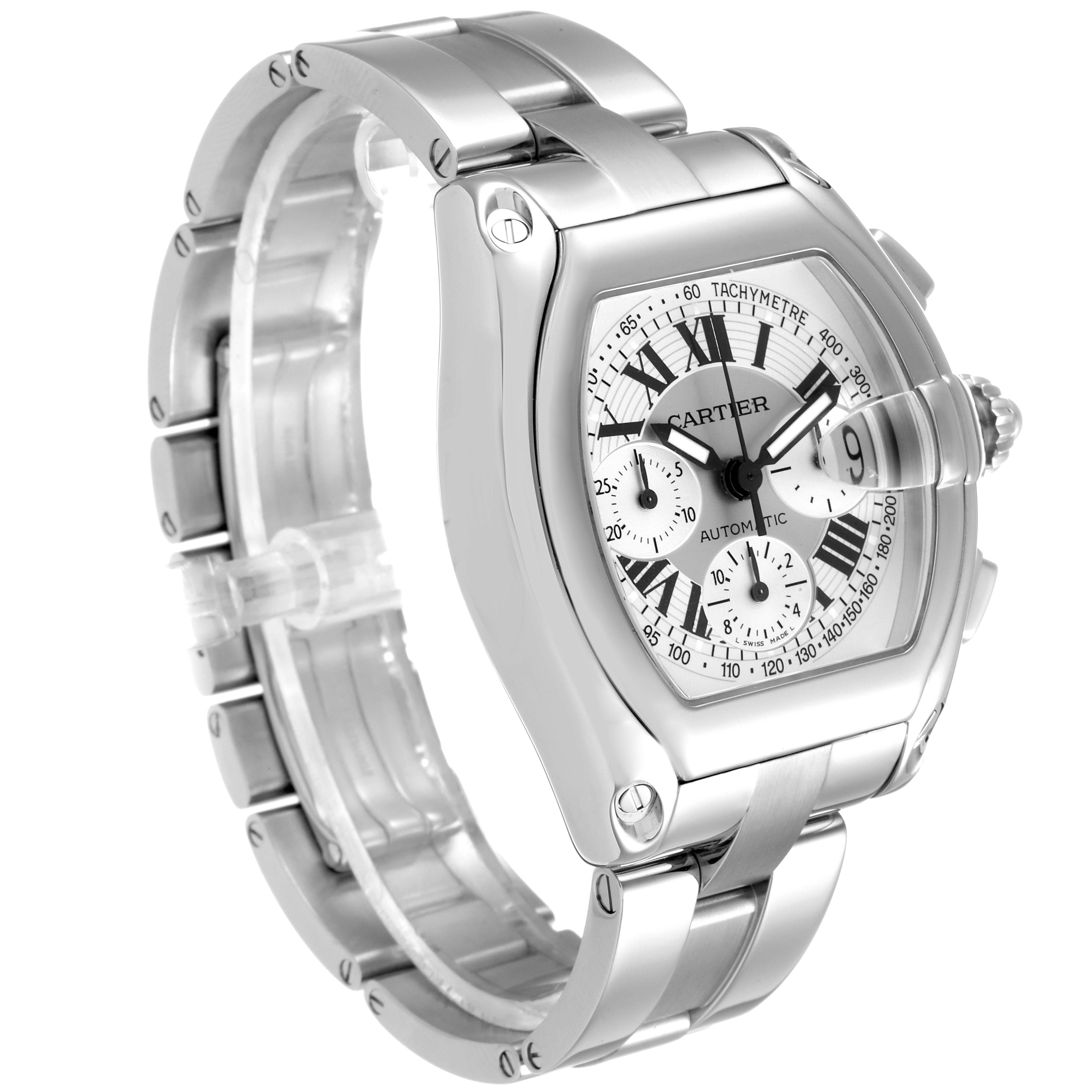 The image shows a Cartier Roadster W62006X6 Men
s Stainless Steel Silver Dial W62006X6 Men
s Stainless Steel Silver Dial watch at an angled view, highlighting its face, metal band, and crown.