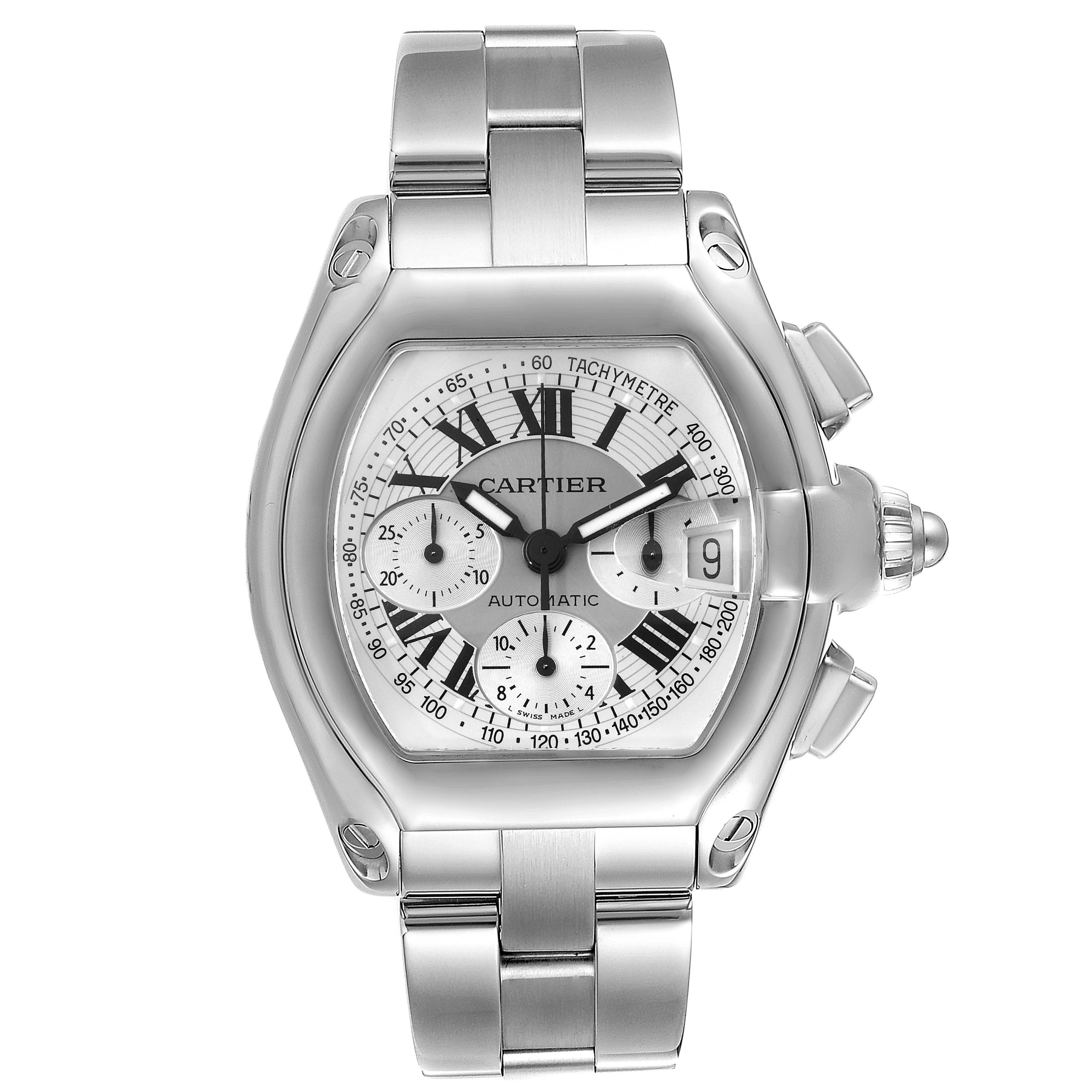 The image shows a front view of a Cartier Roadster W62006X6 Men
s Stainless Steel Silver Dial W62006X6 Men
s Stainless Steel Silver Dial watch, displaying its face, dial, and bracelet.