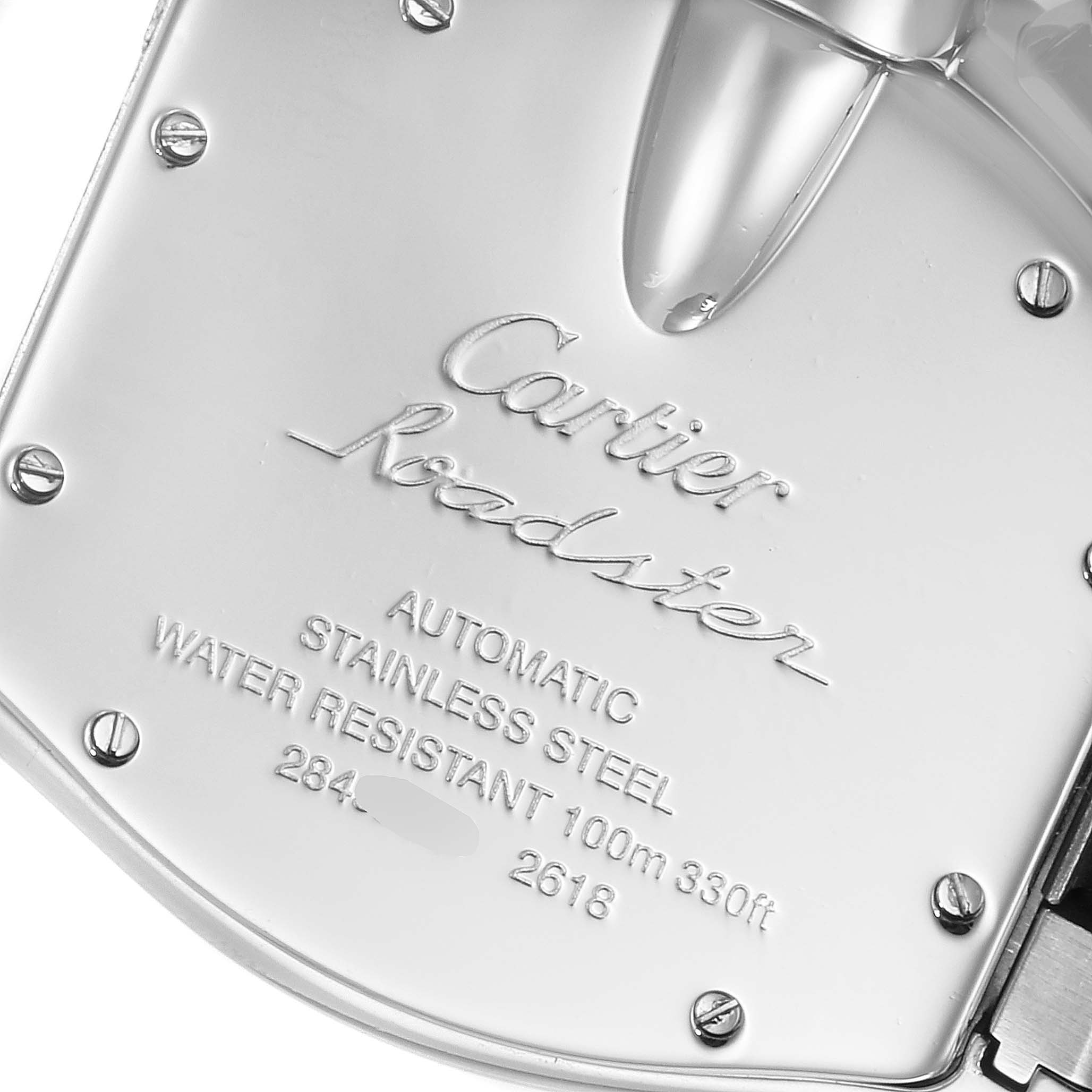 The image shows the back plate of a Cartier Roadster W62006X6 Men
s Stainless Steel Silver Dial W62006X6 Men
s Stainless Steel Silver Dial watch with engraved specifications.
