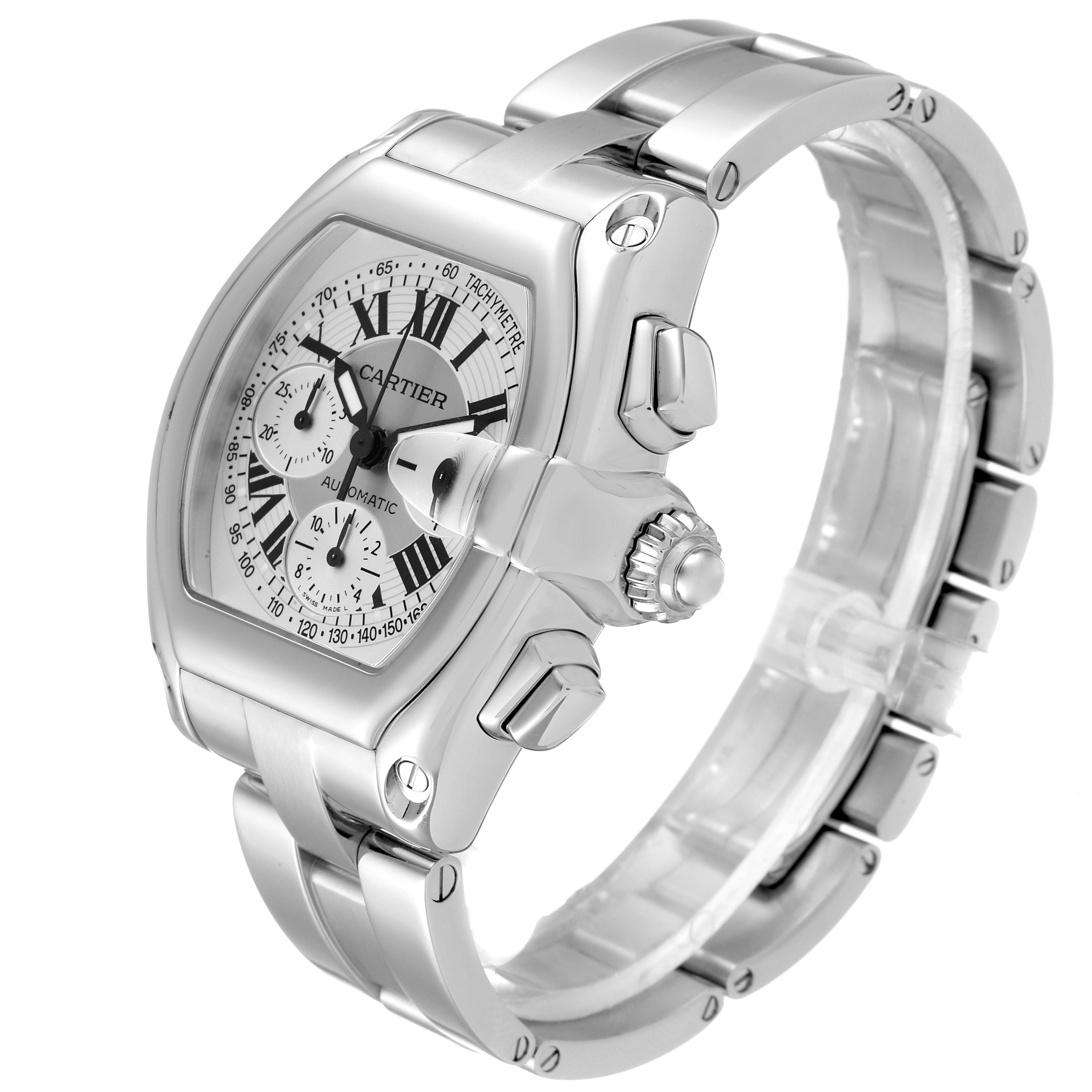 The image shows a Cartier Roadster W62006X6 Men
s Stainless Steel Silver Dial W62006X6 Men
s Stainless Steel Silver Dial watch at an angle highlighting the face, case, and bracelet.