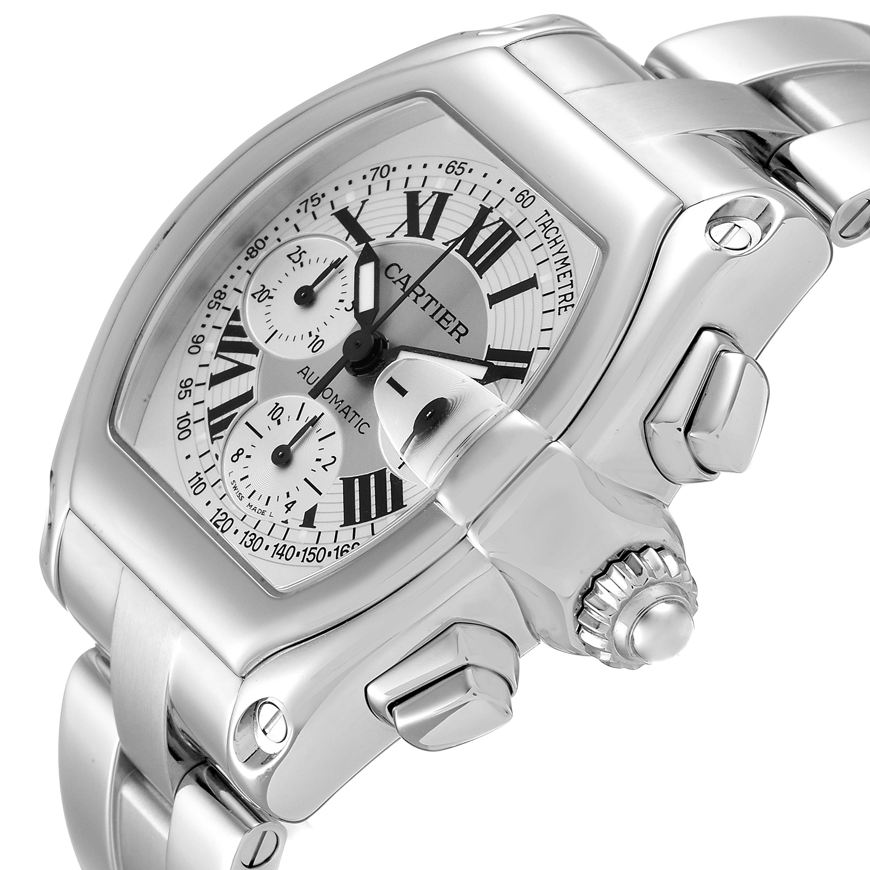 The Cartier Roadster W62006X6 Men
s Stainless Steel Silver Dial W62006X6 Men
s Stainless Steel Silver Dial watch is shown at a three-quarter angle, highlighting its dial, bezel, crown, and stainless steel bracelet.