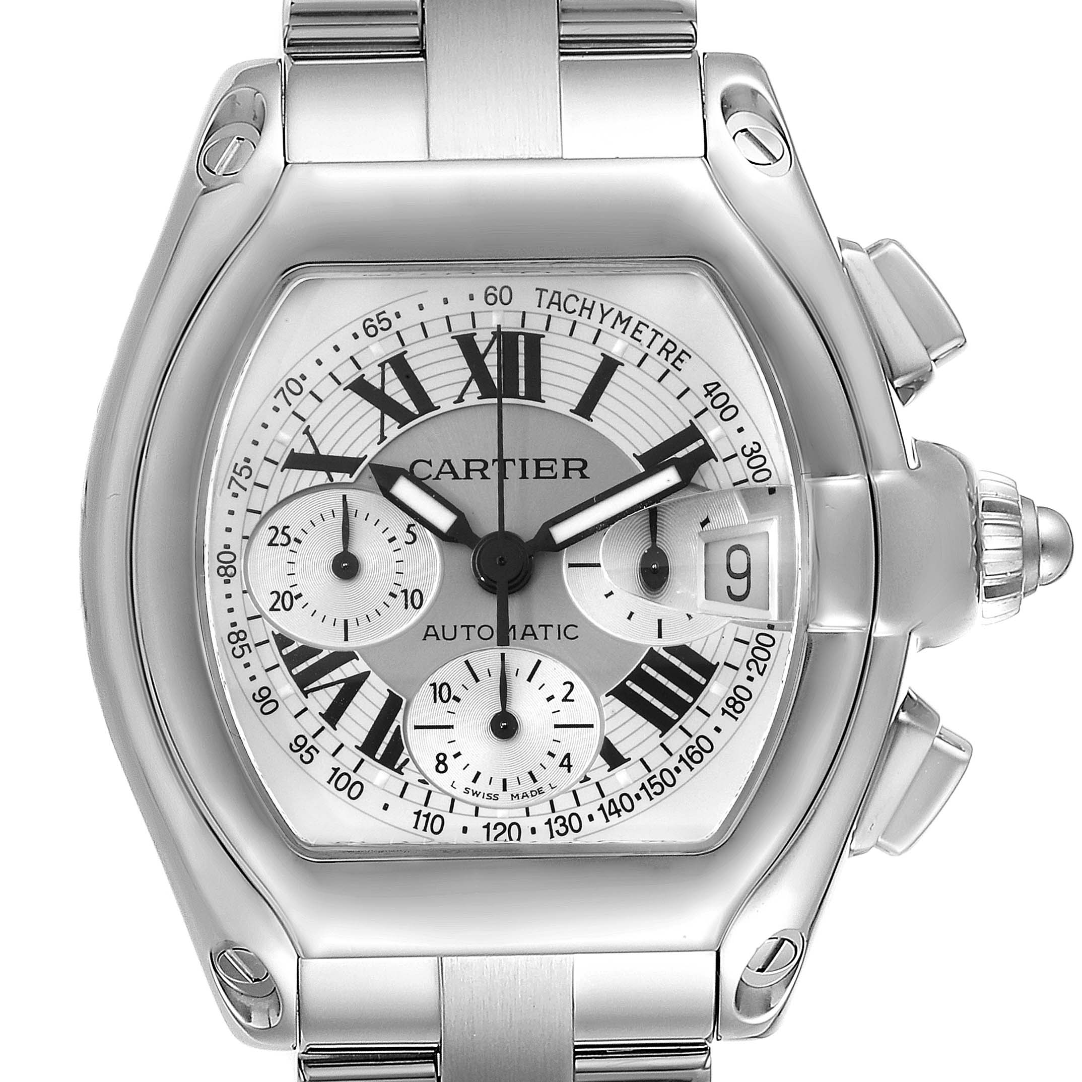 This image shows a close-up front view of the Cartier Roadster W62006X6 Men
s Stainless Steel Silver Dial W62006X6 Men
s Stainless Steel Silver Dial watch, highlighting its dial, crown, and bracelet.