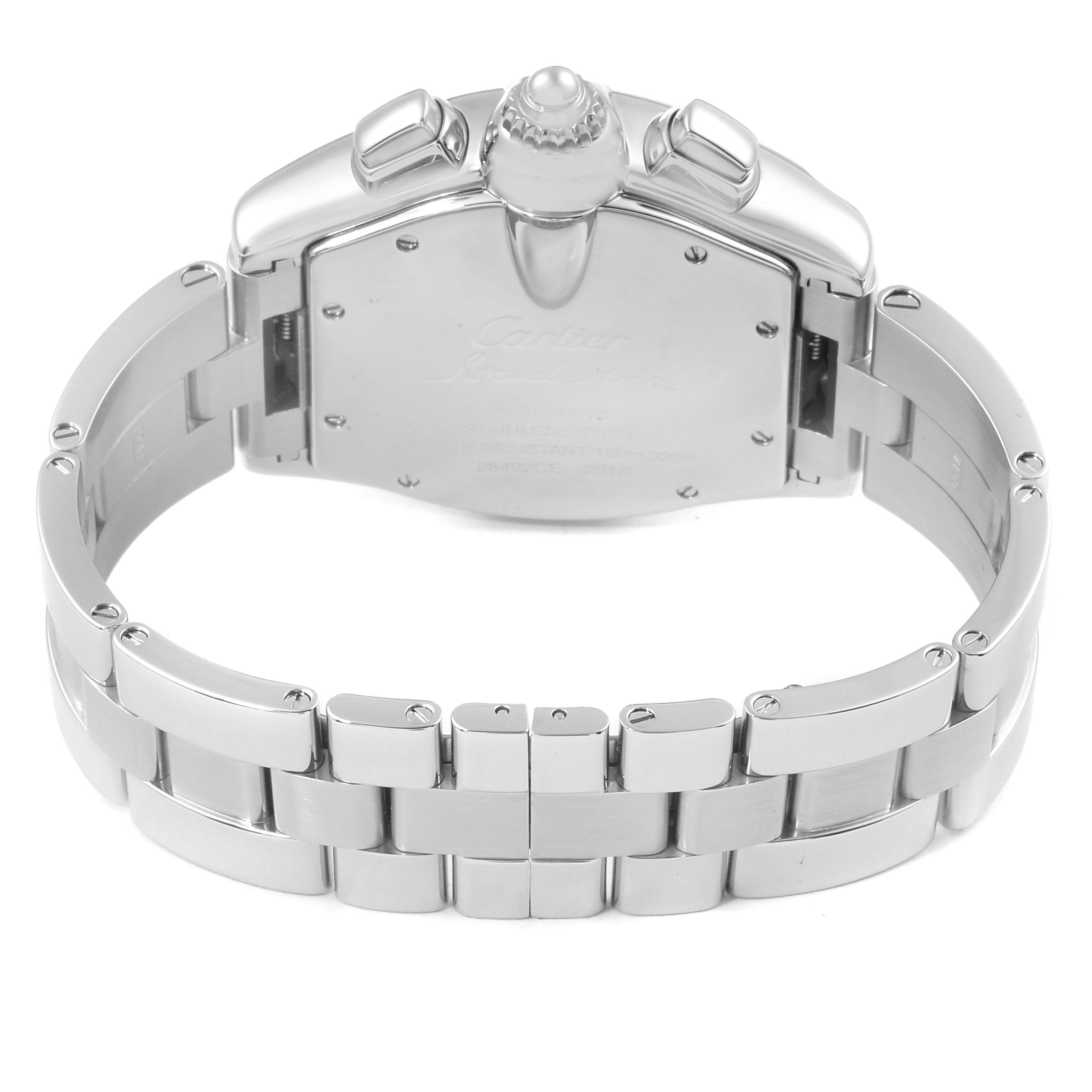 This image shows the back of the Cartier Roadster W62006X6 Men
s Stainless Steel Silver Dial W62006X6 Men
s Stainless Steel Silver Dial watch, displaying the stainless steel bracelet and the case back.