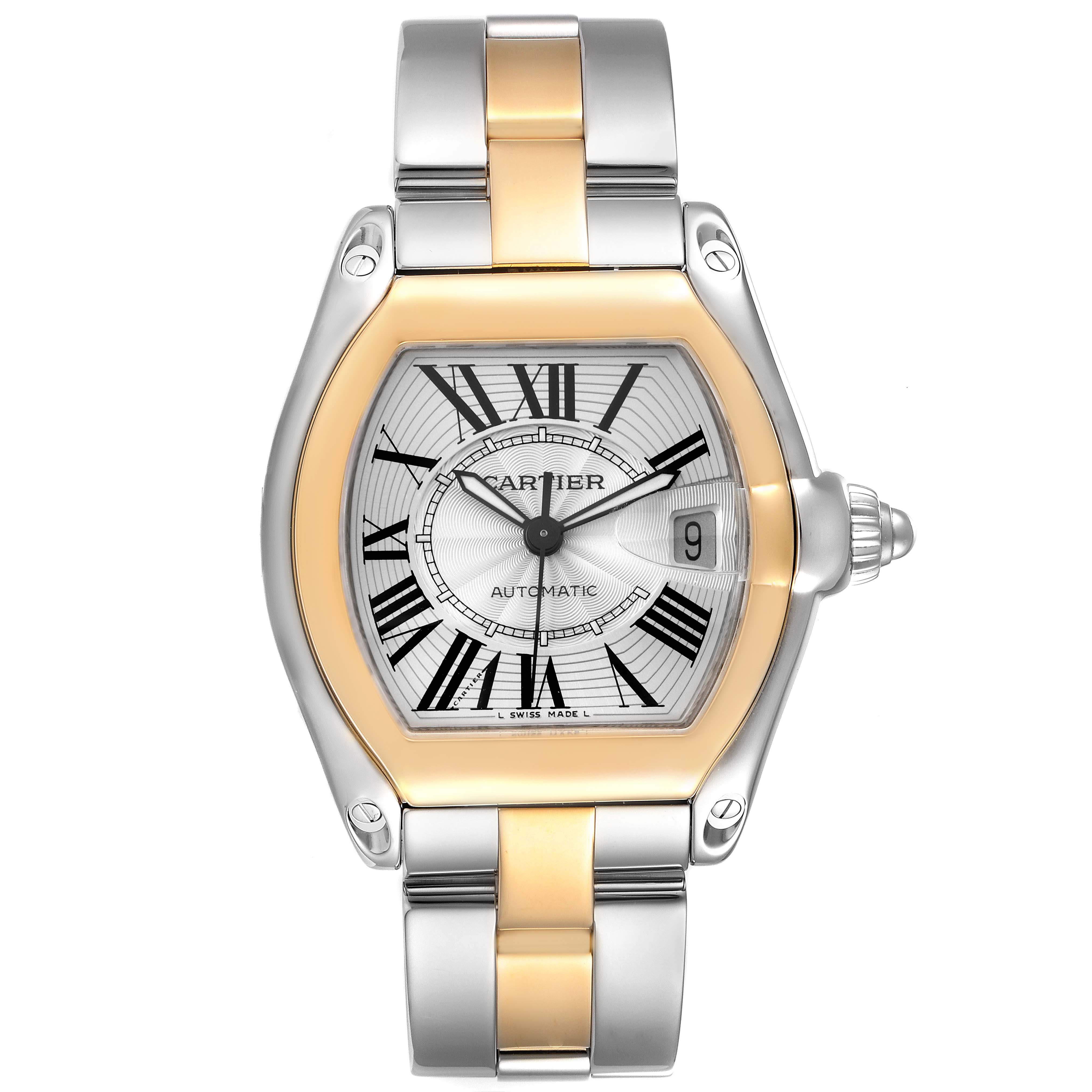 The image shows a frontal view of the Cartier Roadster W62031Y4 Men
s Steel and Gold (two tone) Silver Dial W62031Y4 Men
s Steel and Gold (two tone) Silver Dial watch, highlighting the dial, date window, and two-tone bracelet.