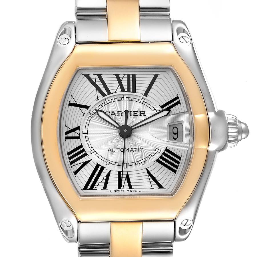 Cartier Roadster Yellow Gold Steel Silver Dial Mens Watch W62031Y4 SwissWatchExpo