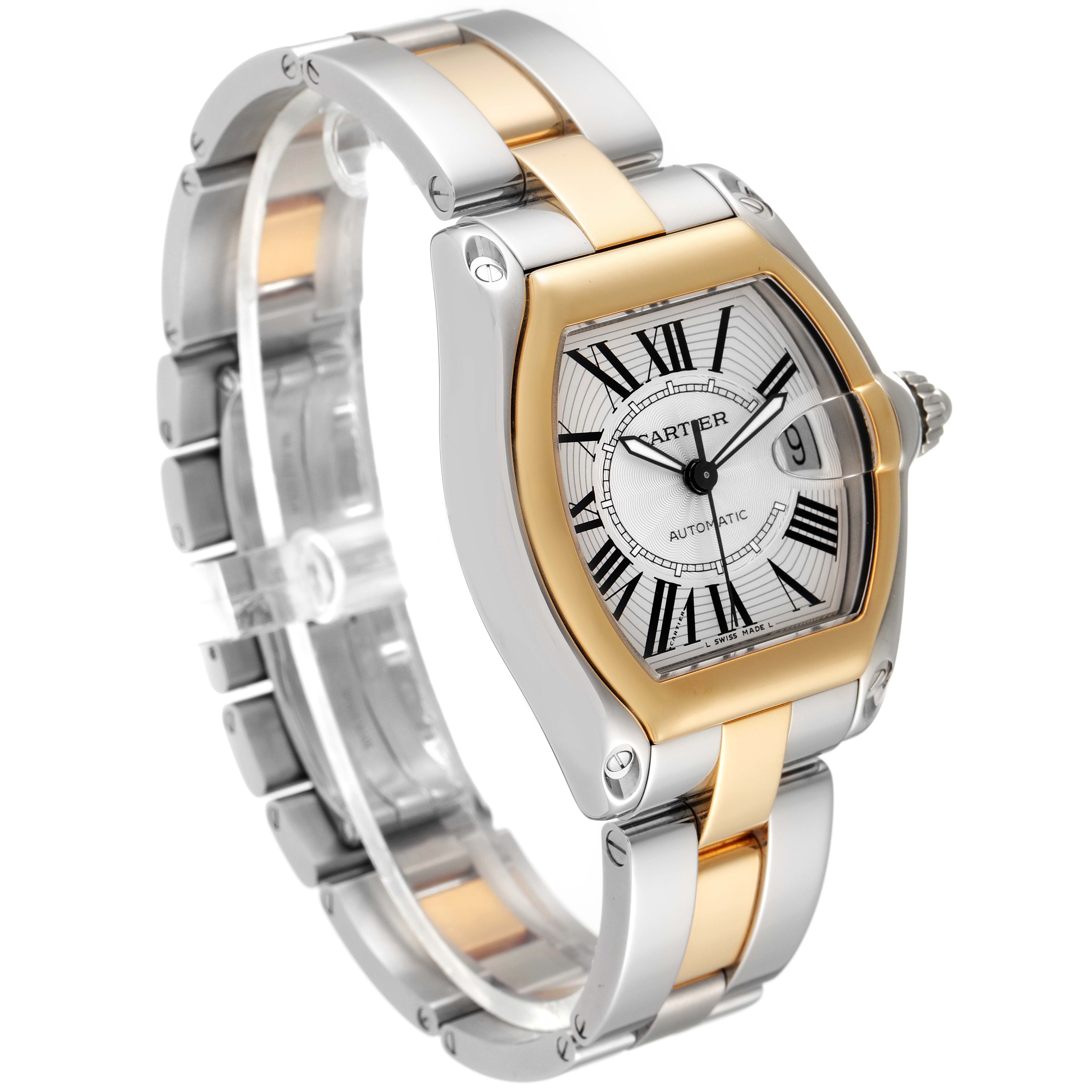 This image shows a Cartier Roadster W62031Y4 Men
s Steel and Gold (two tone) Silver Dial W62031Y4 Men
s Steel and Gold (two tone) Silver Dial watch from an oblique angle highlighting its face, bezel, bracelet, and crown.
