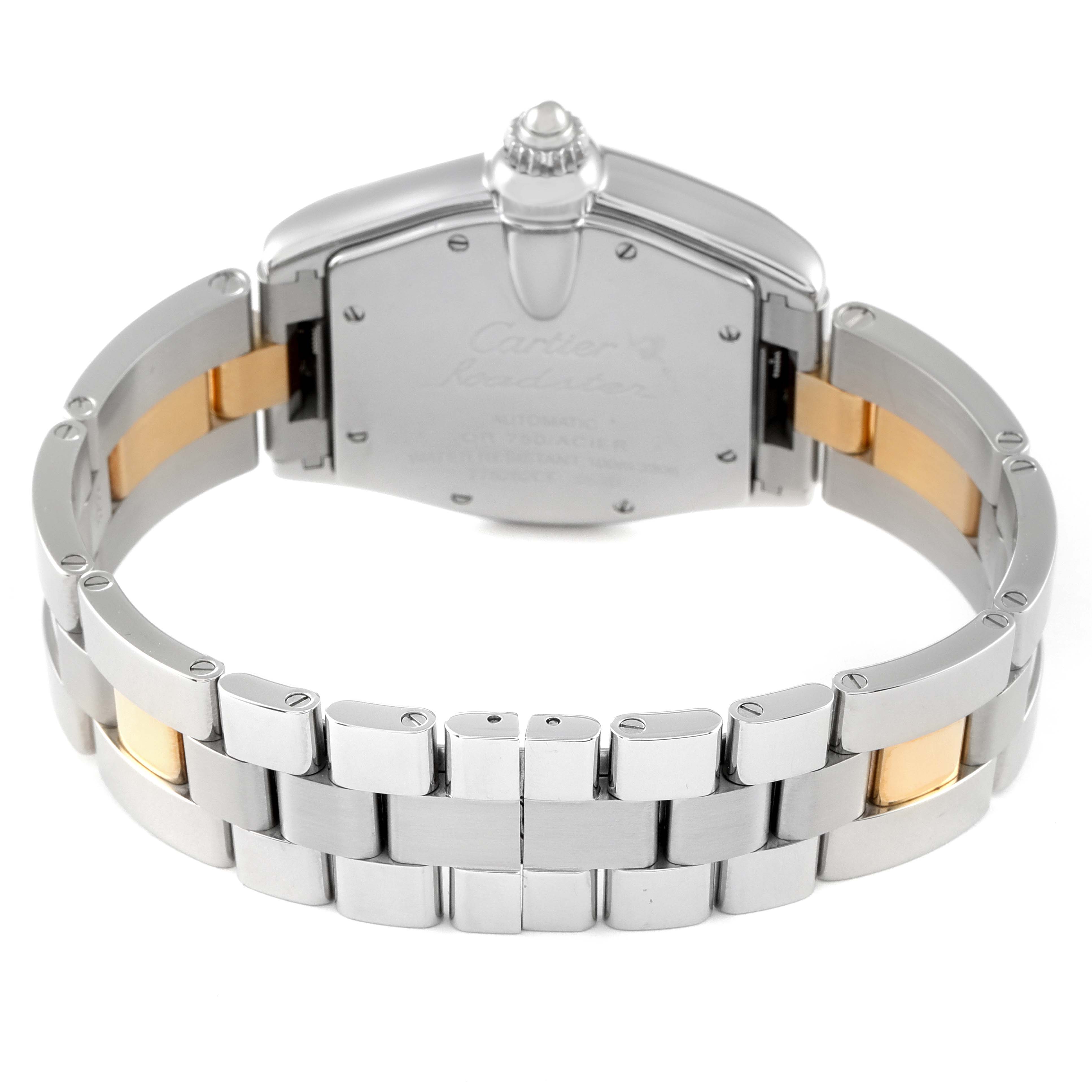 This image shows the back view and the bracelet of a Cartier Roadster W62031Y4 Men
s Steel and Gold (two tone) Silver Dial W62031Y4 Men
s Steel and Gold (two tone) Silver Dial watch with its clasp open.