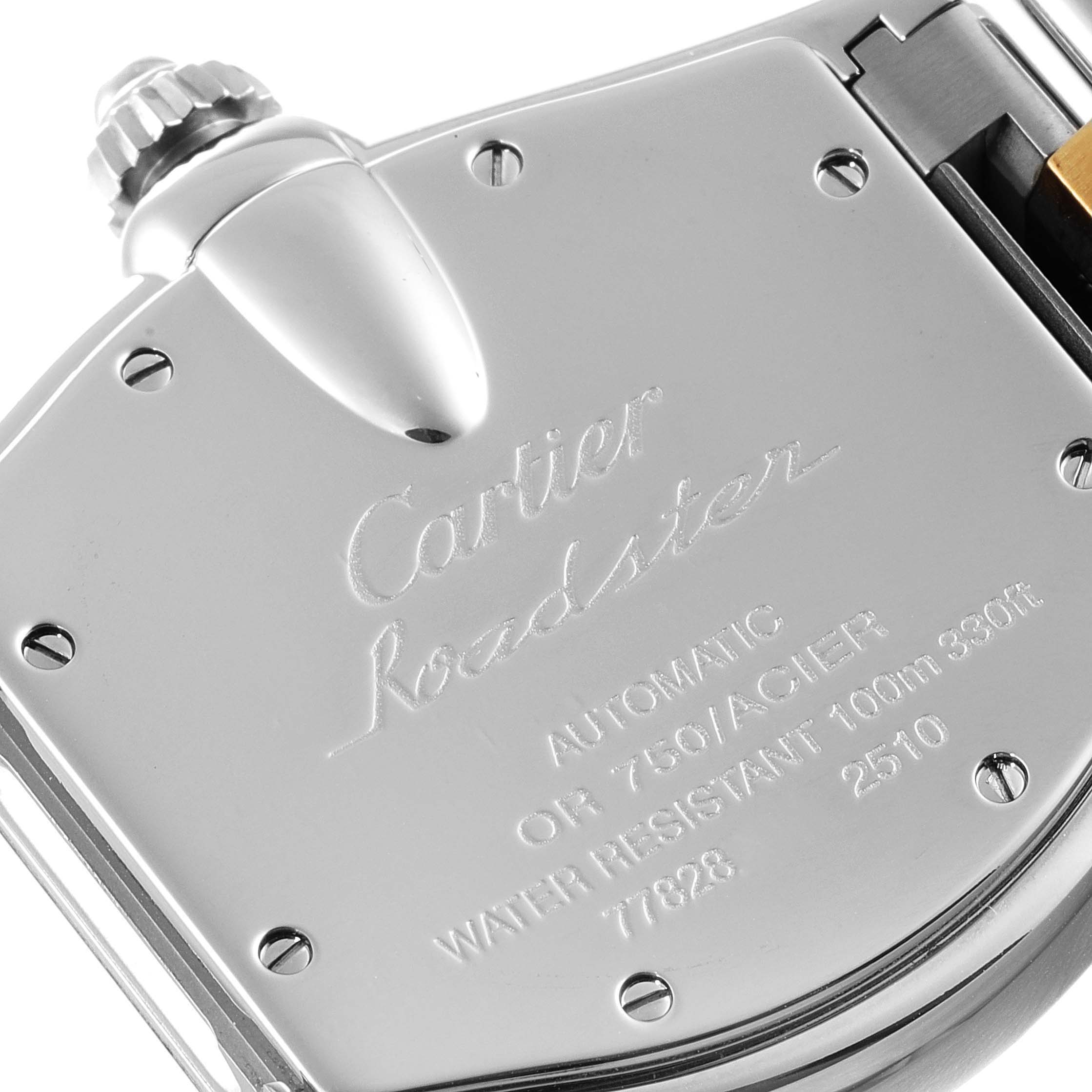 This image shows the back casing of a Cartier Roadster W62031Y4 Men
s Steel and Gold (two tone) Silver Dial W62031Y4 Men
s Steel and Gold (two tone) Silver Dial watch, taken from a close-up angle.