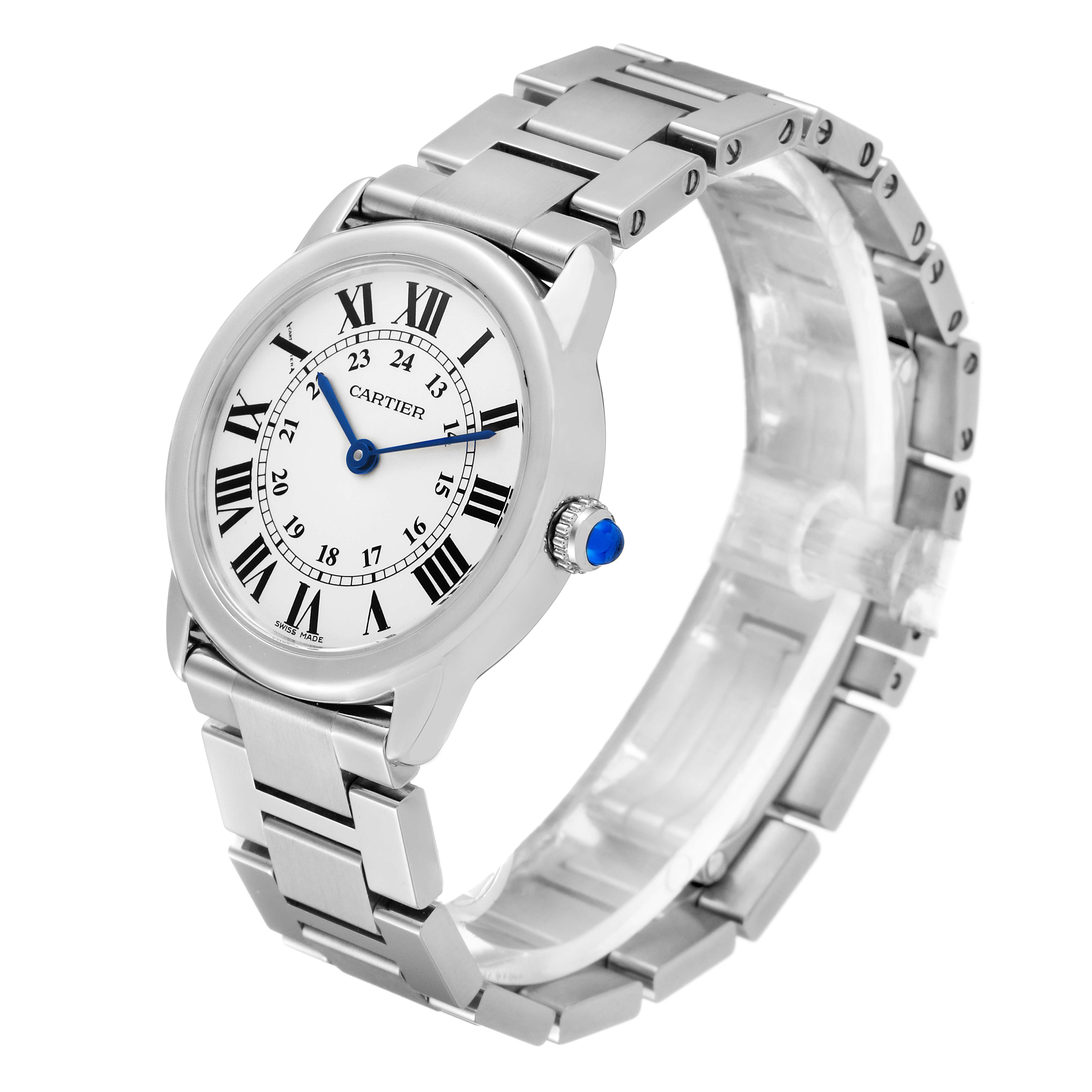 The Cartier Ronde W6701004 Women's Stainless Steel Silver Dial W6701004 Women's Stainless Steel Silver Dial watch is shown at an angle highlighting its face and stainless steel bracelet.