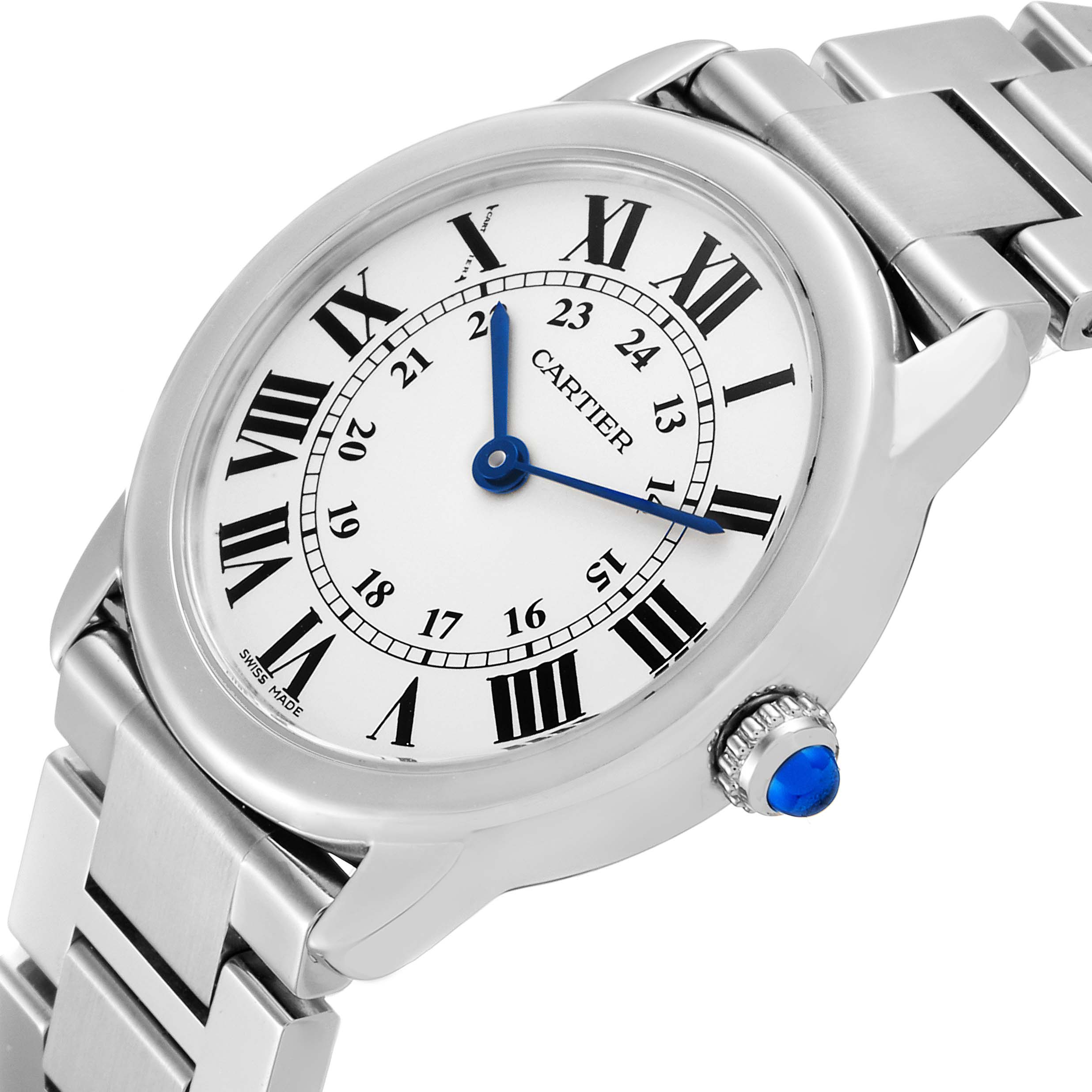 The image shows a close-up, angled view of a Cartier Ronde W6701004 Women's Stainless Steel Silver Dial W6701004 Women's Stainless Steel Silver Dial watch, highlighting its face, bezel, blue hands, and metal bracelet.