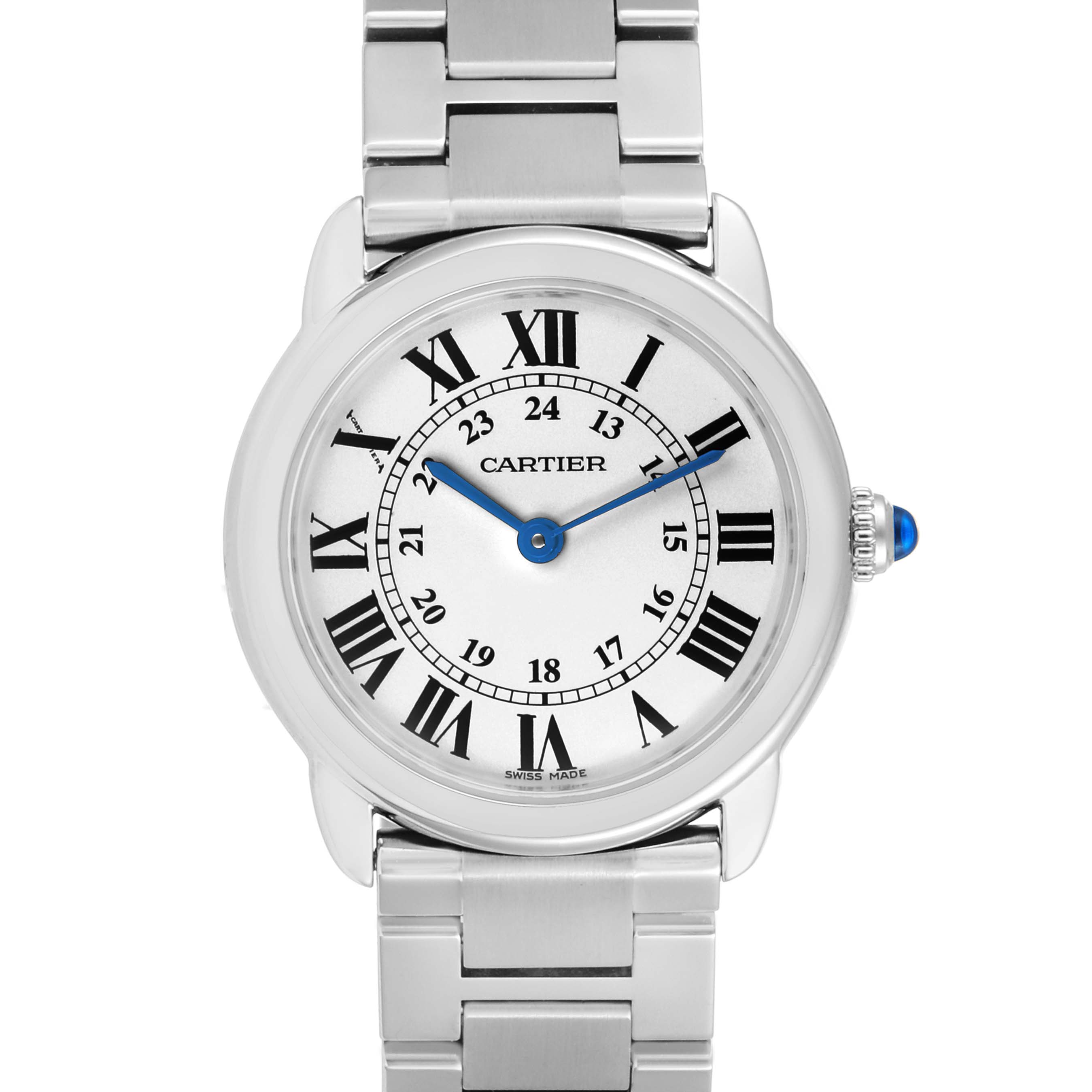 The image shows a front view of the Cartier Ronde W6701004 Women's Stainless Steel Silver Dial W6701004 Women's Stainless Steel Silver Dial watch, featuring its dial, bezel, and part of the metal bracelet.