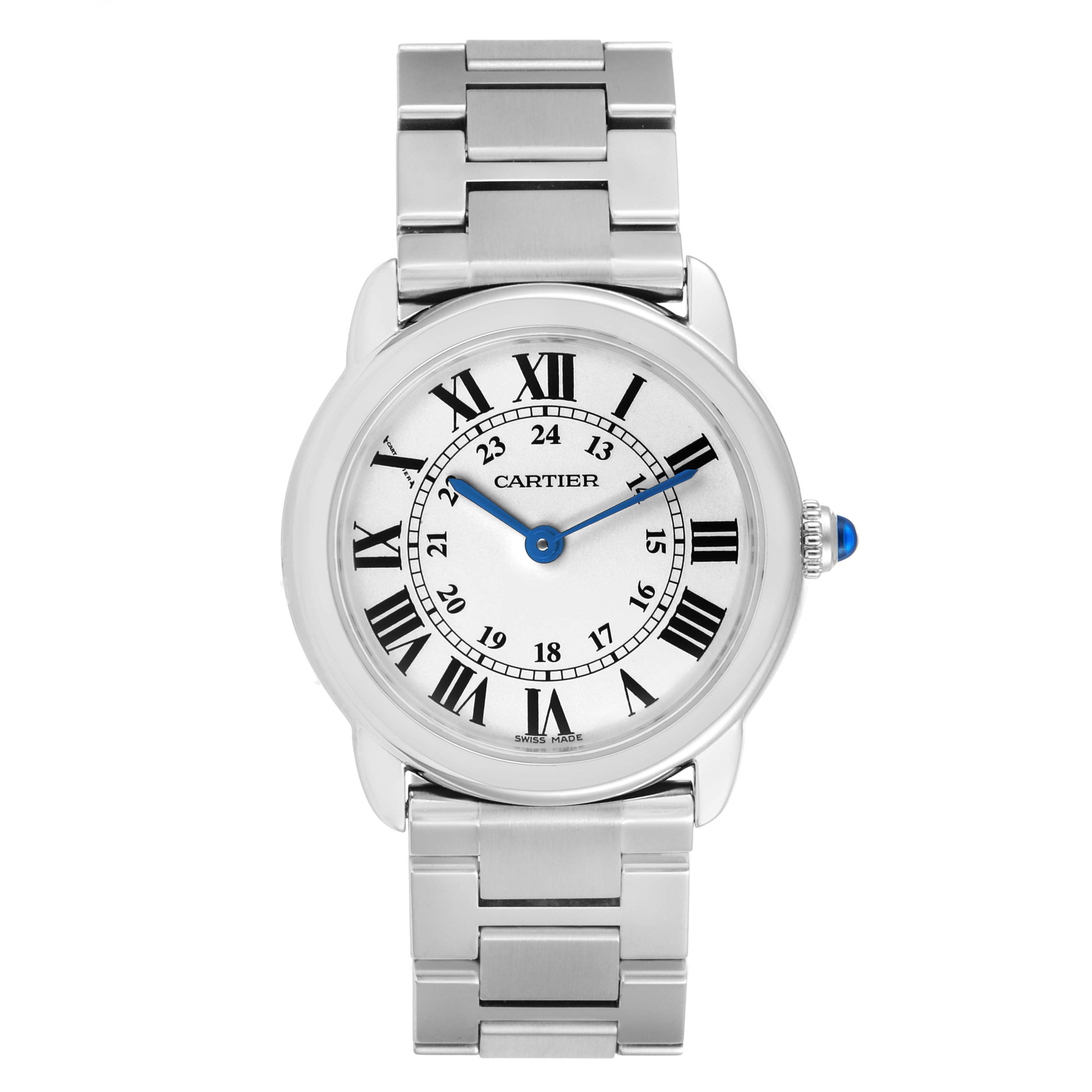 This image shows a top view of the Cartier Ronde W6701004 Women's Stainless Steel Silver Dial W6701004 Women's Stainless Steel Silver Dial watch, displaying the dial, bracelet, and crown.