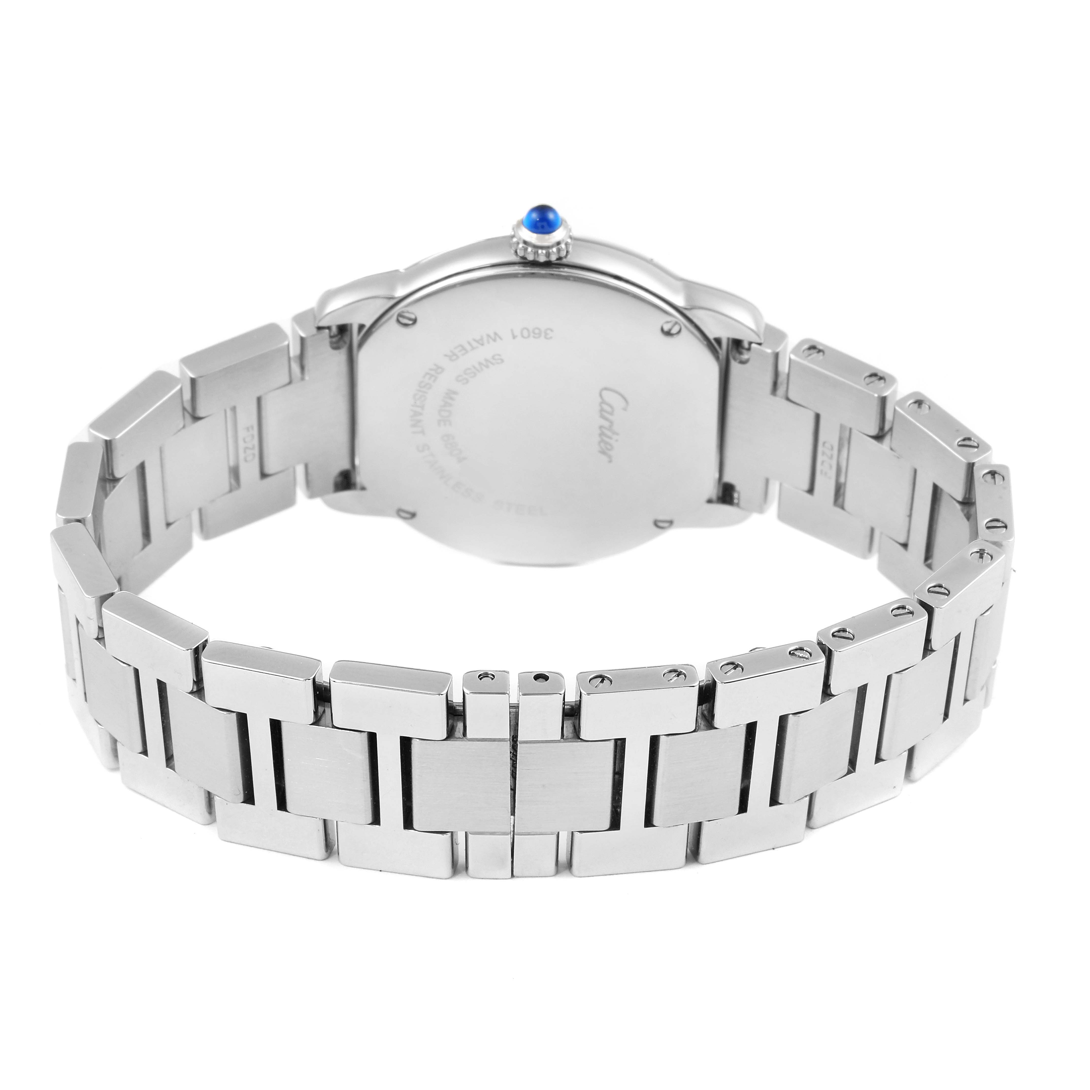 This image shows the back view of the Cartier Ronde W6701004 Women's Stainless Steel Silver Dial W6701004 Women's Stainless Steel Silver Dial model, highlighting the stainless steel case, bracelet, and blue cabochon crown.