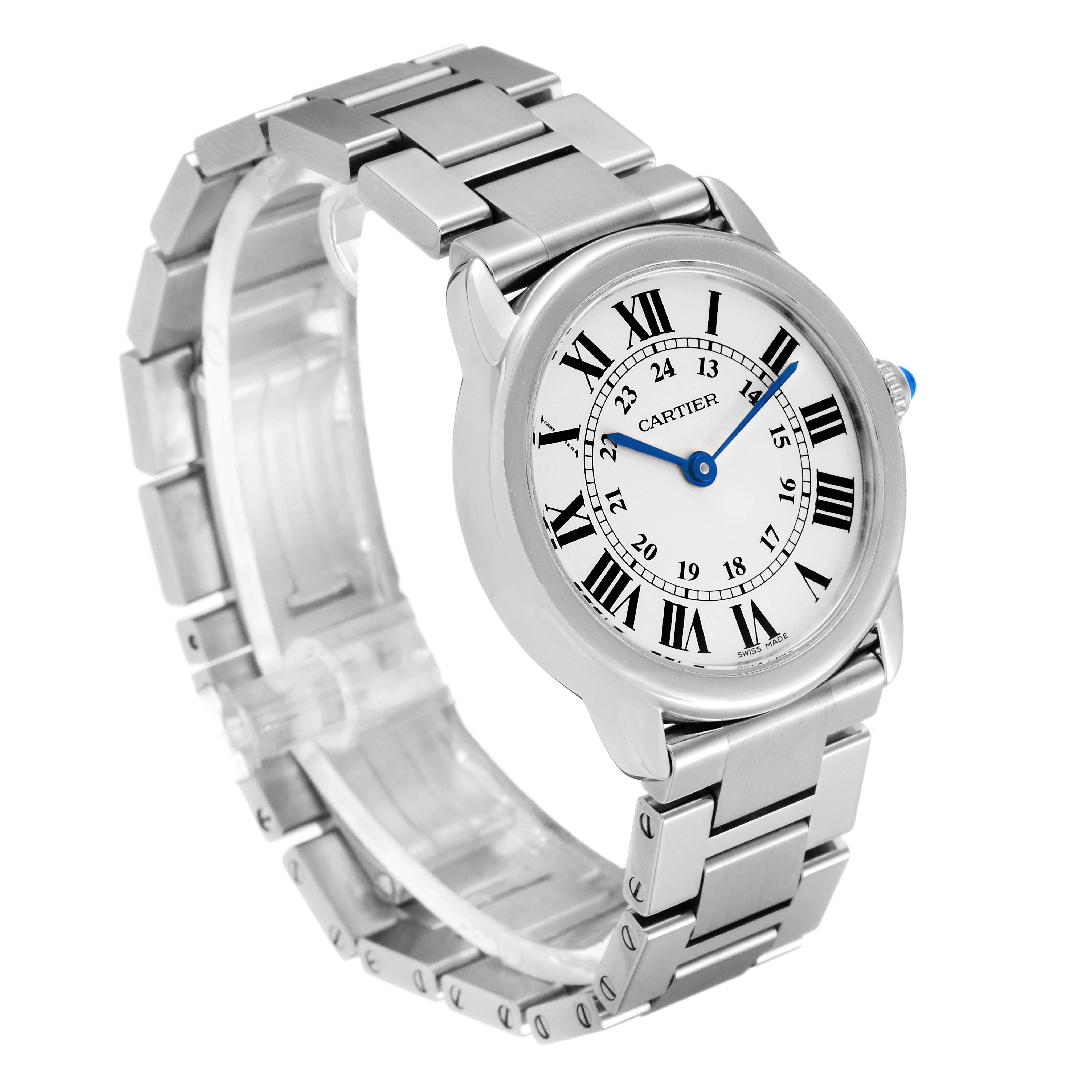 The Cartier Ronde W6701004 Women's Stainless Steel Silver Dial W6701004 Women's Stainless Steel Silver Dial watch is shown at an angle highlighting its dial, bezel, and metal bracelet.