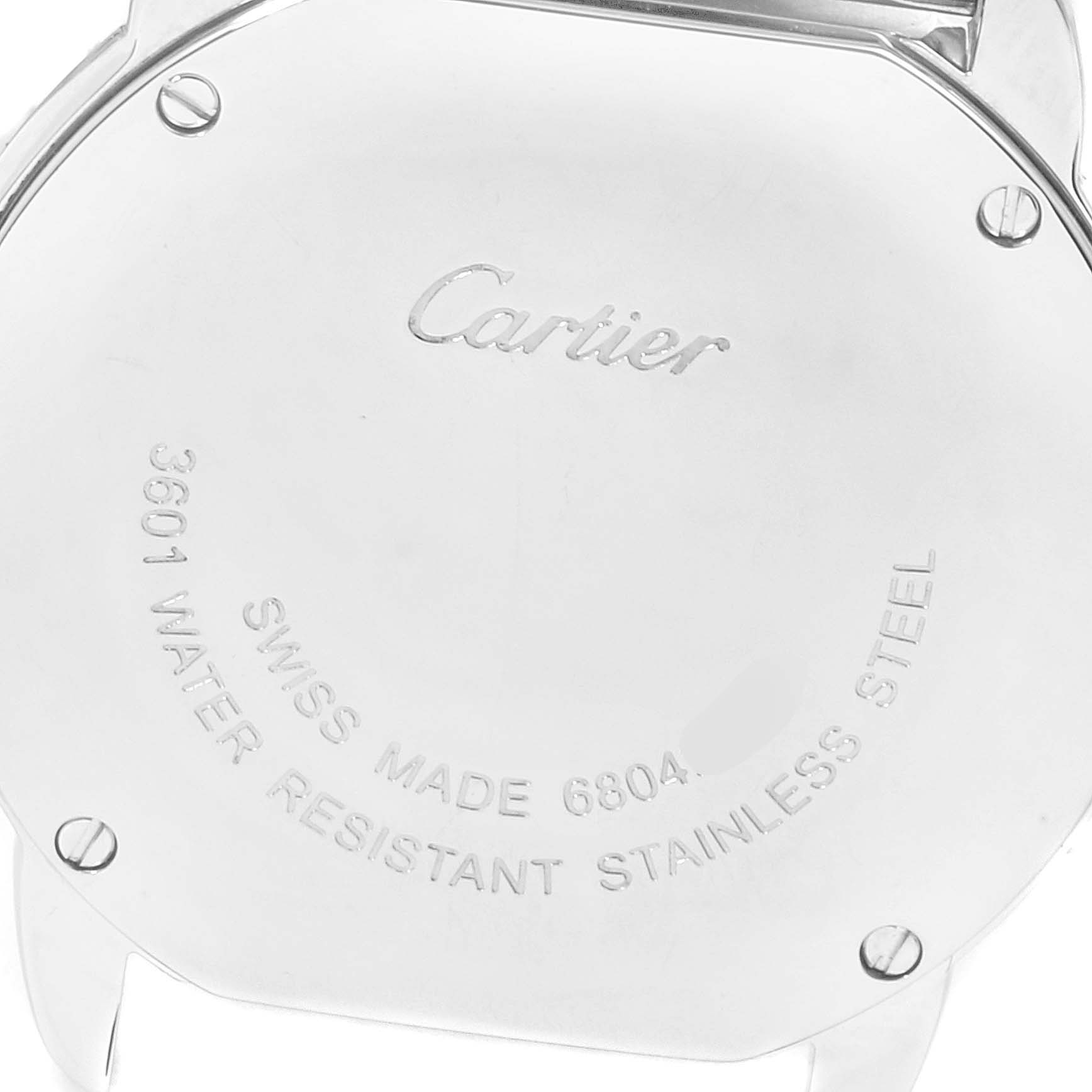 The image shows the back case of the Cartier Ronde W6701004 Women's Stainless Steel Silver Dial W6701004 Women's Stainless Steel Silver Dial watch, displaying engravings and screws.