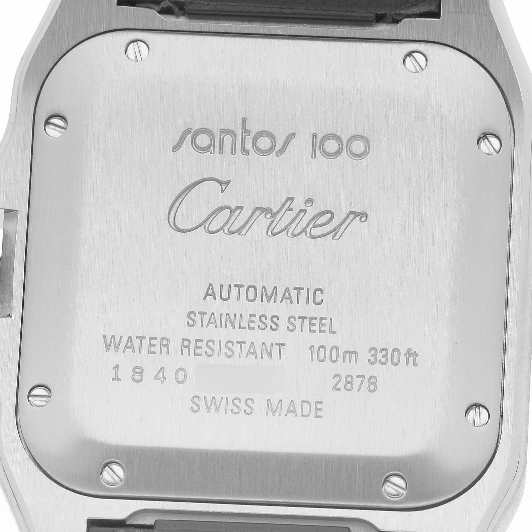 The image shows the back casing of a Cartier Santos W20106X8 Men's Stainless Steel Silver Dial watch, detailing its model, material, water resistance, and origin.