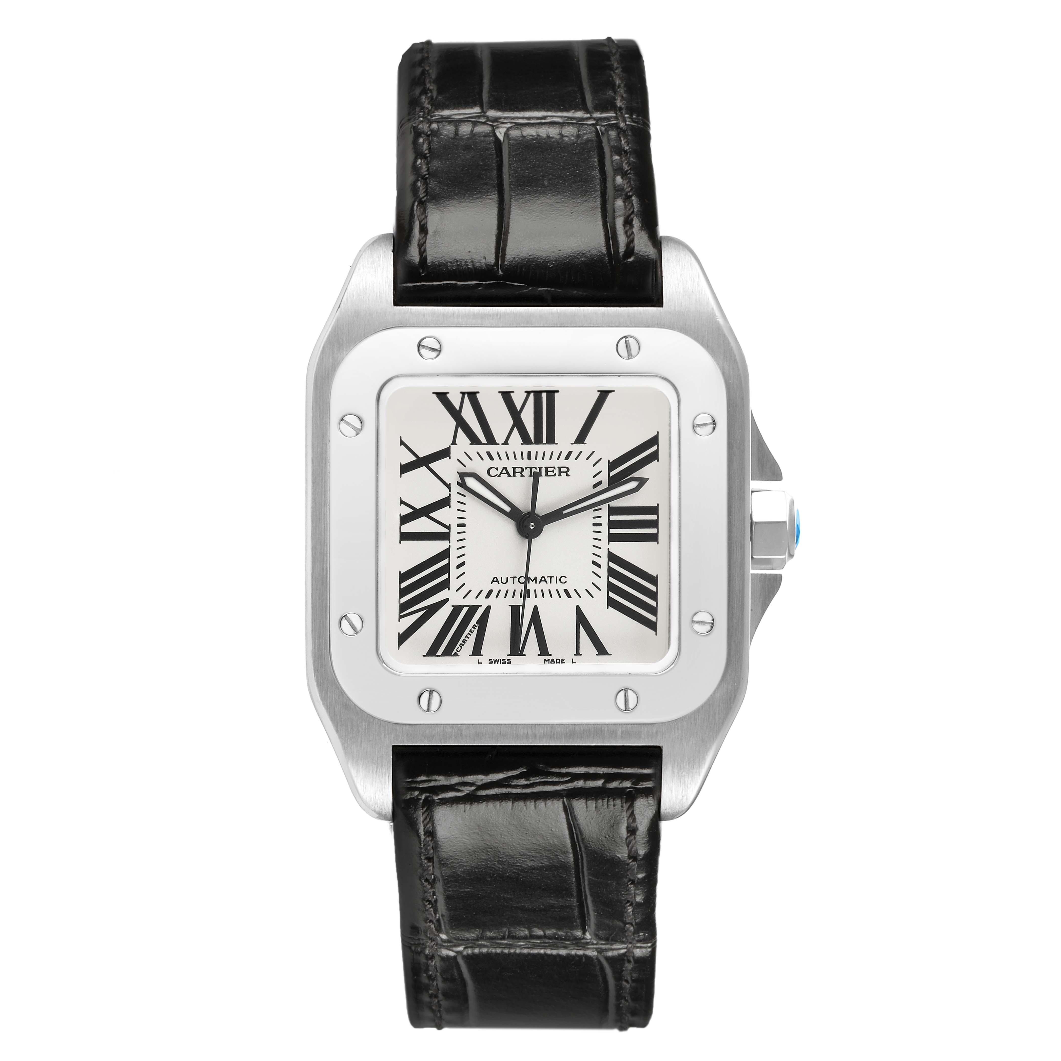 The image shows a front view of a Cartier Santos W20106X8 Men's Stainless Steel Silver Dial watch, highlighting the dial, bezel, and black leather strap.