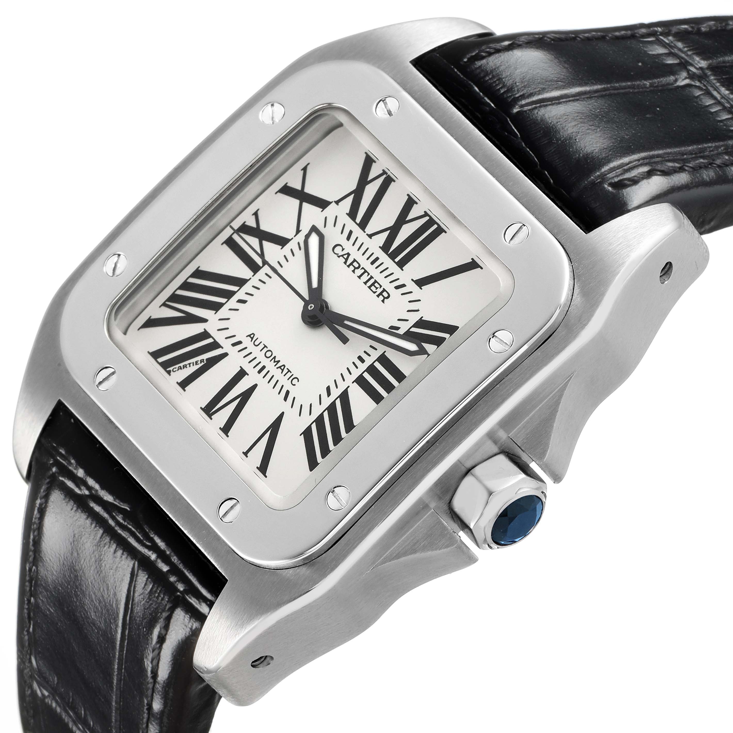 The Cartier Santos W20106X8 Men's Stainless Steel Silver Dial watch is shown from an angled side view, highlighting the face, bezel, crown, and leather strap.
